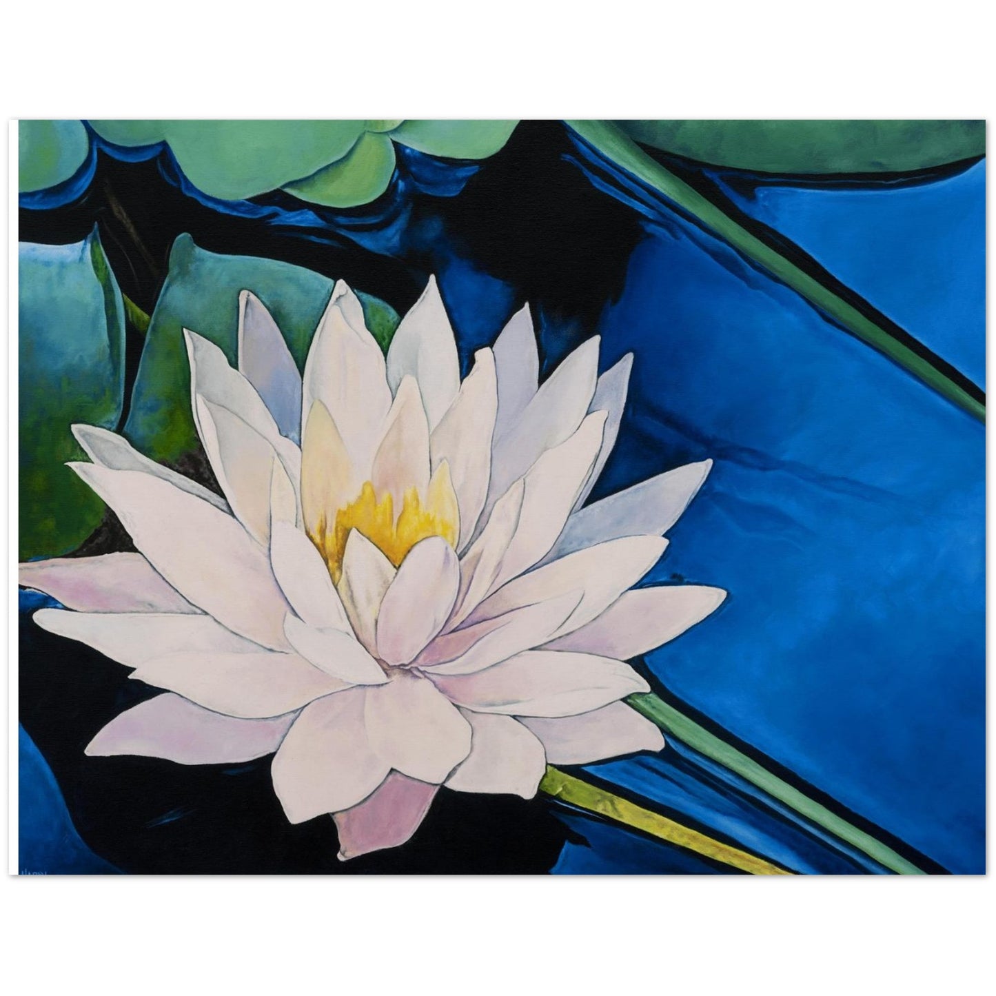 Painting of a water lily with green leaves on a blue background