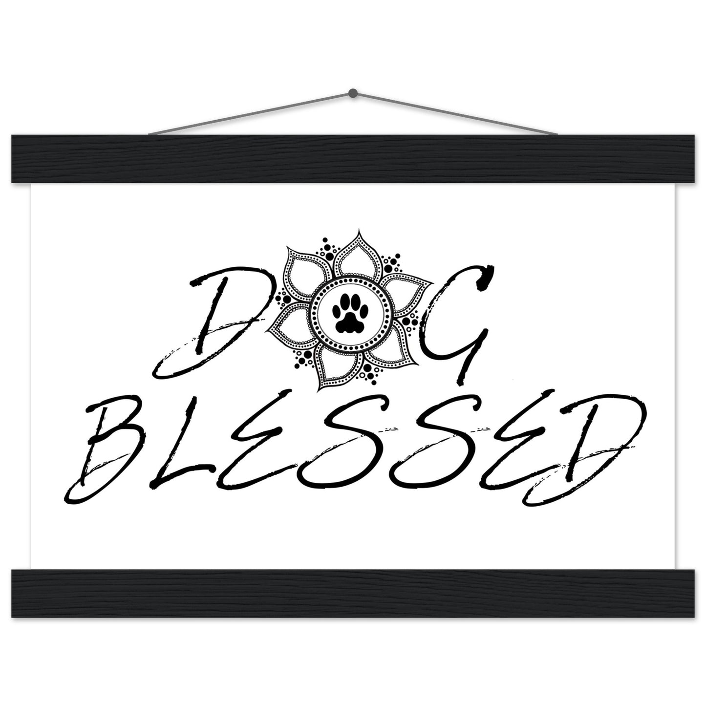 “Black and white ‘Dog Blessed’ typography design with a paw print centered inside a decorative mandala, displayed as a hanging wall sign with a black frame