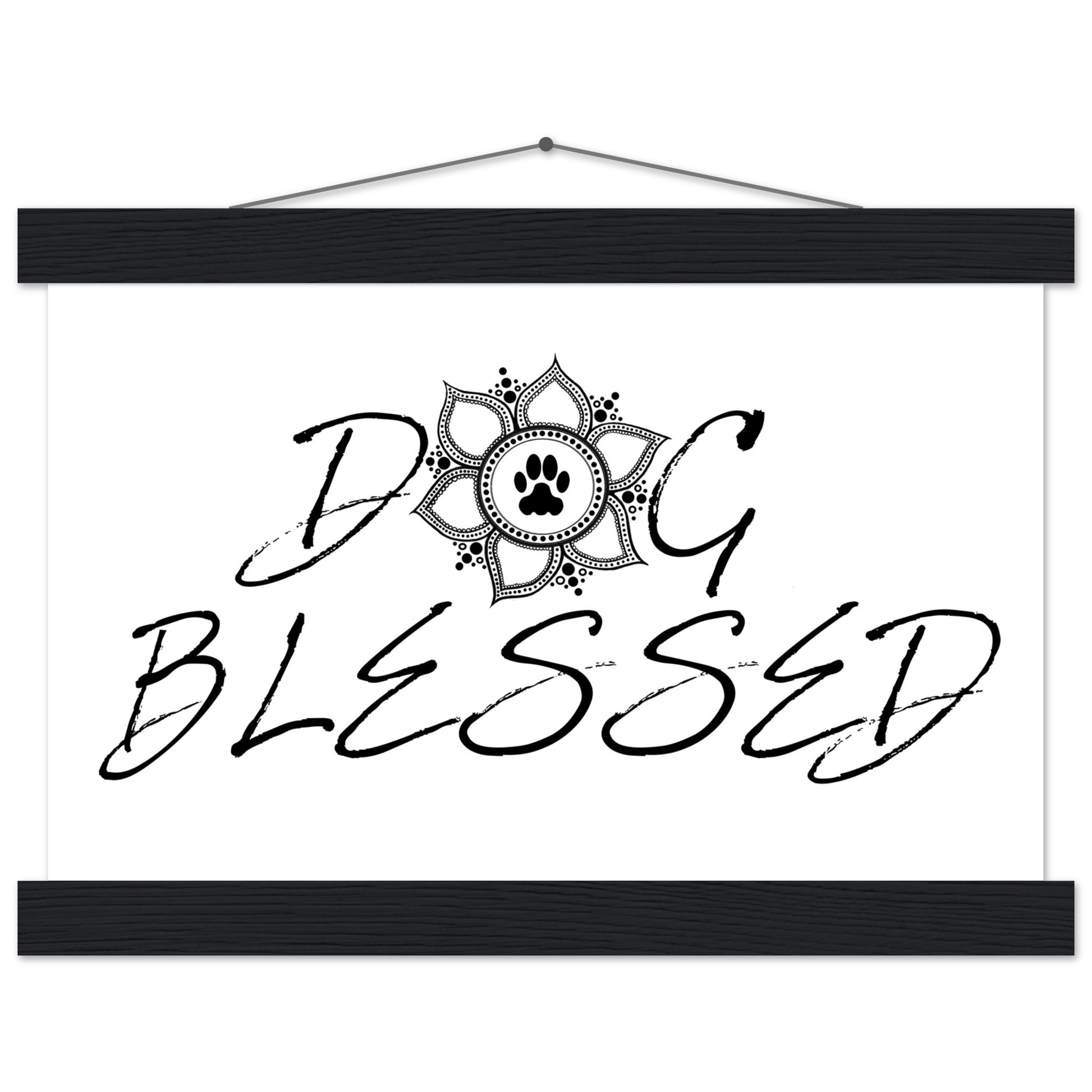 “Black and white ‘Dog Blessed’ typography design with a paw print centered inside a decorative mandala, displayed as a hanging wall sign with a black frame
