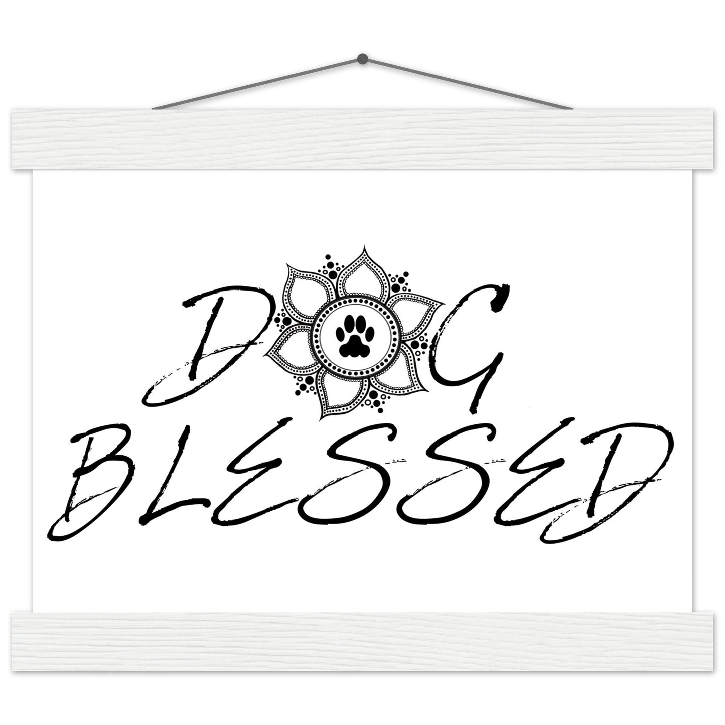“Black and white ‘Dog Blessed’ typography design with a paw print centered inside a decorative mandala, displayed as a hanging wall sign with a white frame