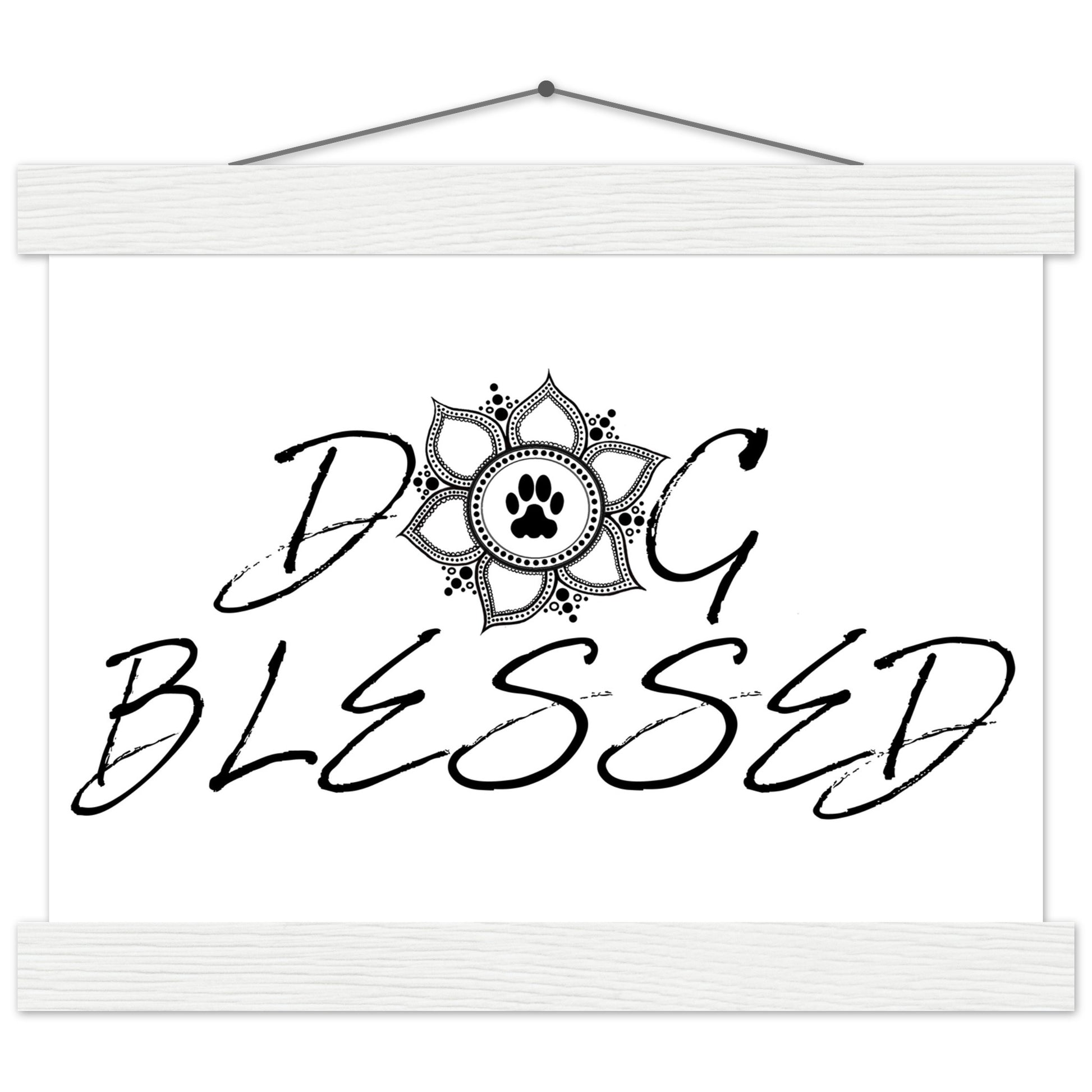 “Black and white ‘Dog Blessed’ typography design with a paw print centered inside a decorative mandala, displayed as a hanging wall sign with a white frame