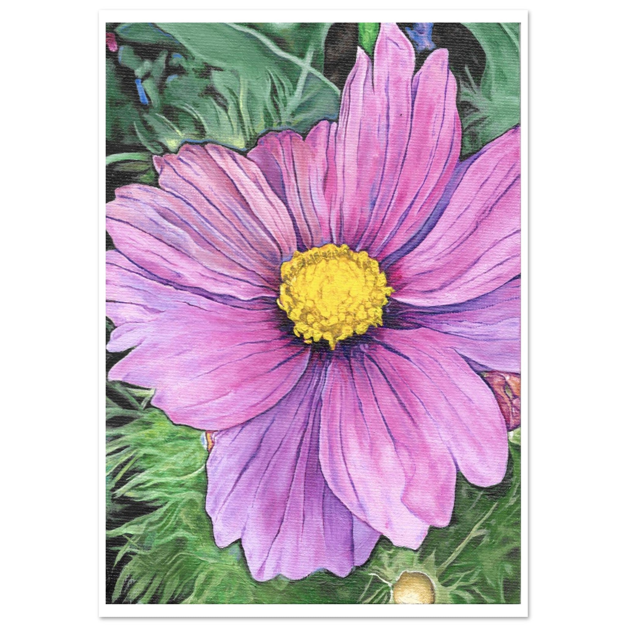 Illustration of a pink flower with a yellow center on a green leaf background