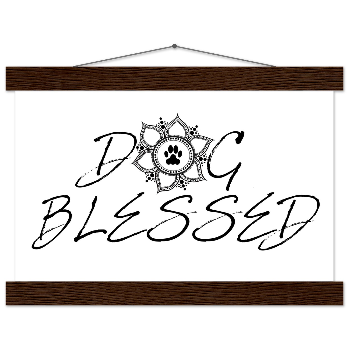 “Black and white ‘Dog Blessed’ typography design with a paw print centered inside a decorative mandala, displayed as a hanging wall sign with a Brown frame