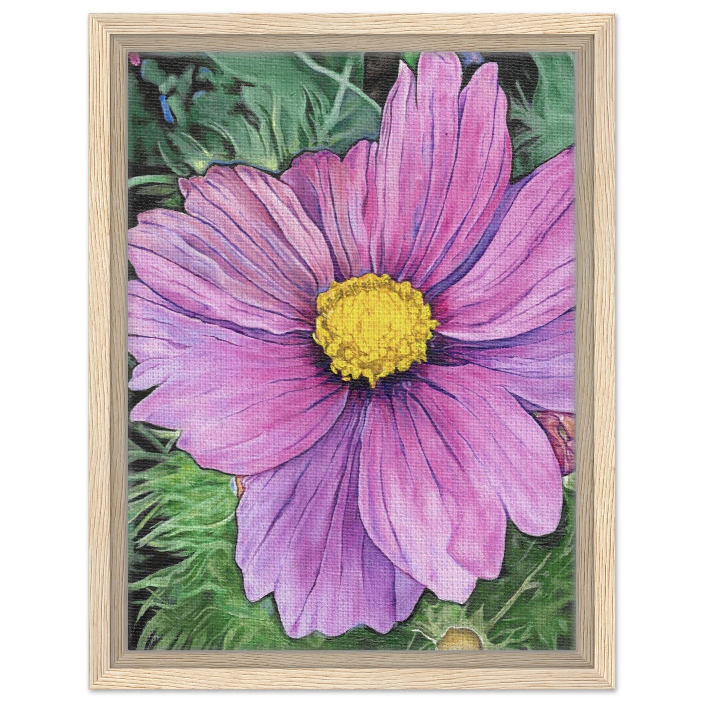 Framed artwork of a pink flower with a yellow center on a green background