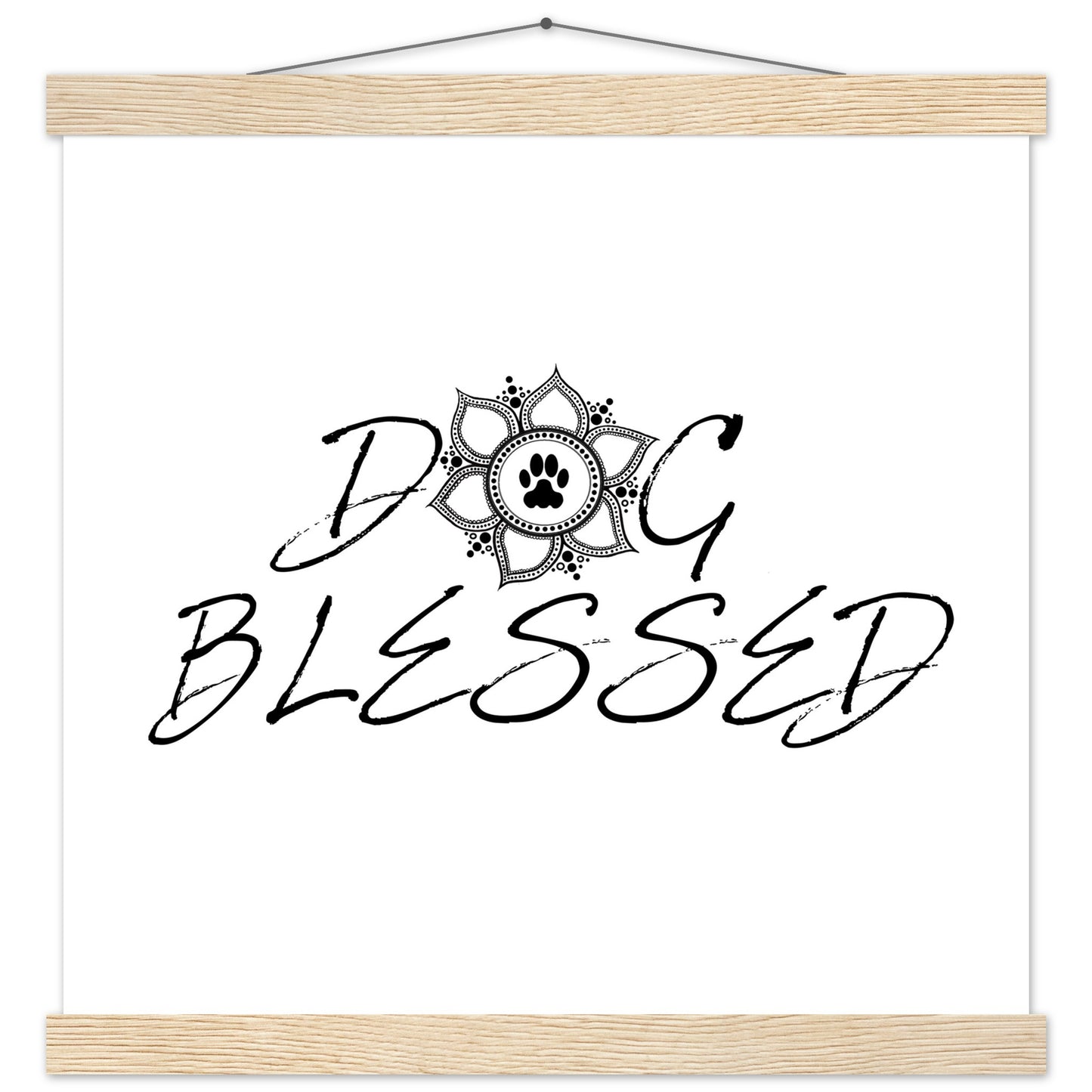 “Black and white ‘Dog Blessed’ typography design with a paw print centered inside a decorative mandala, displayed as a hanging wall sign with a Natural frame
