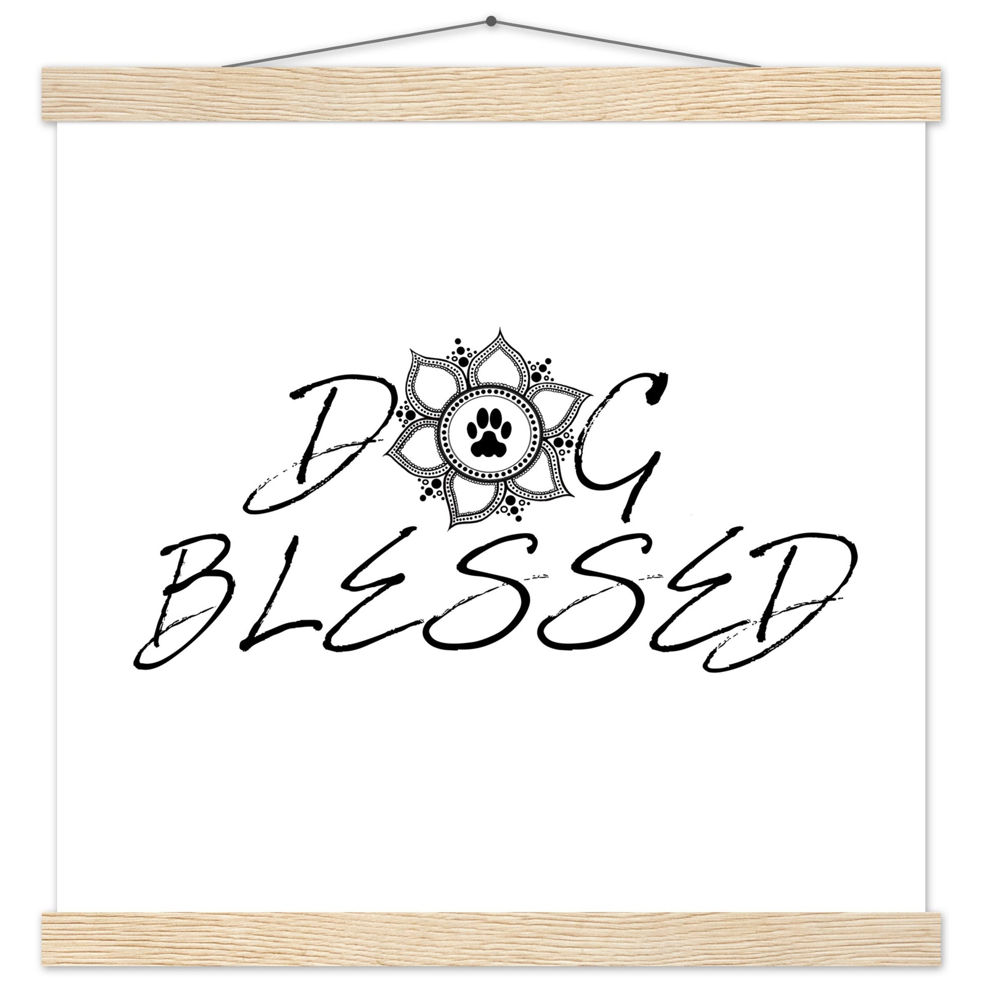 “Black and white ‘Dog Blessed’ typography design with a paw print centered inside a decorative mandala, displayed as a hanging wall sign with a Natural frame