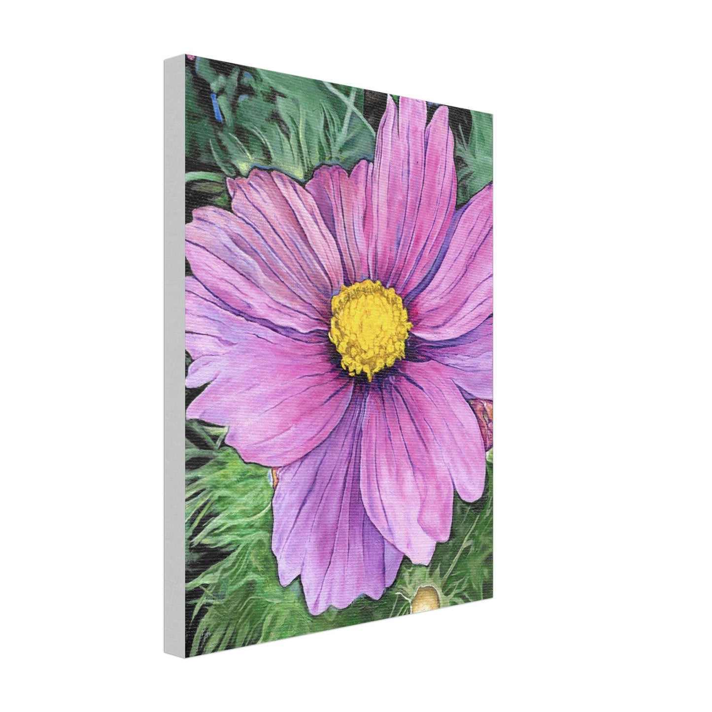 Canvas print of a pink flower with a yellow center on a white background