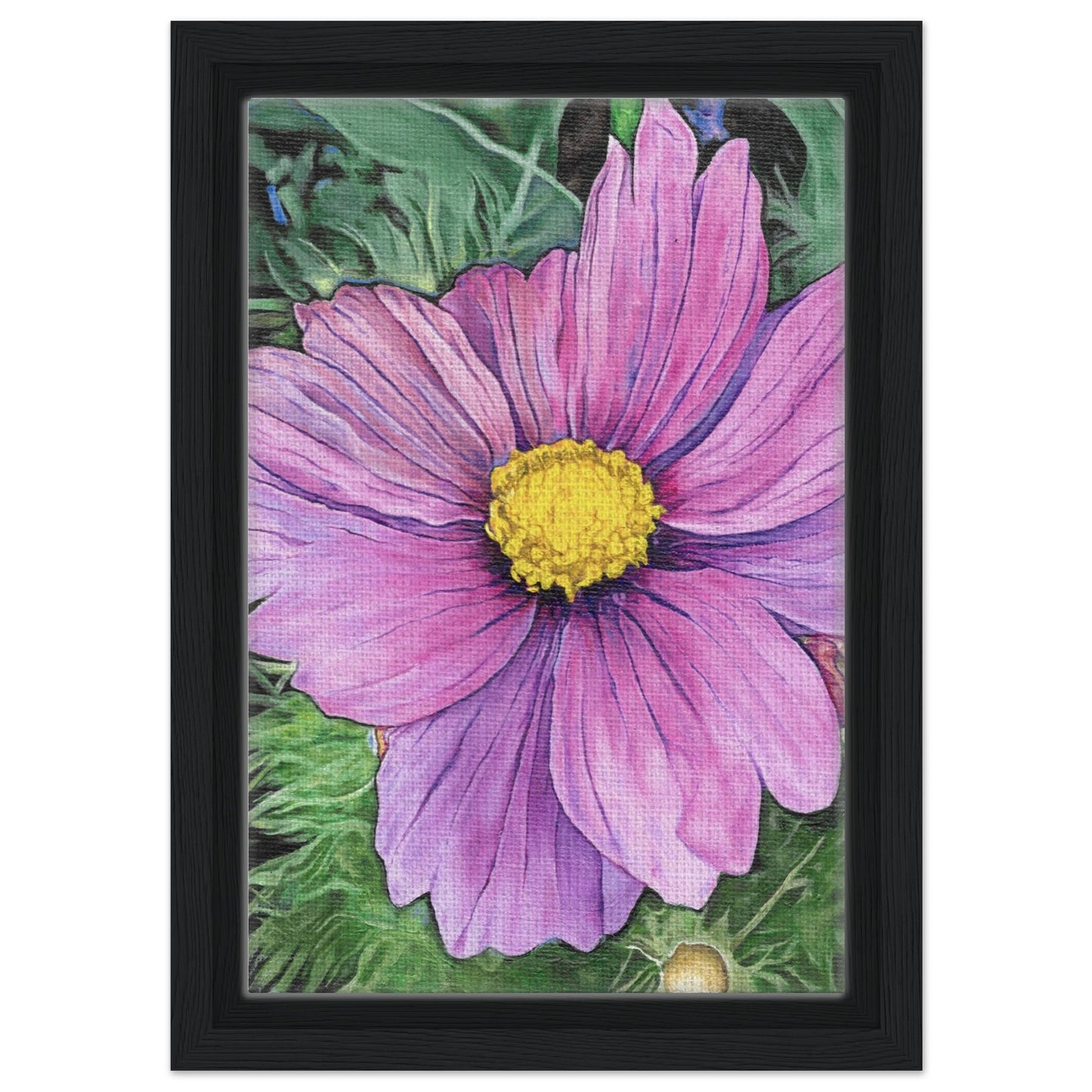 Framed artwork of a pink flower with a yellow center on a green background