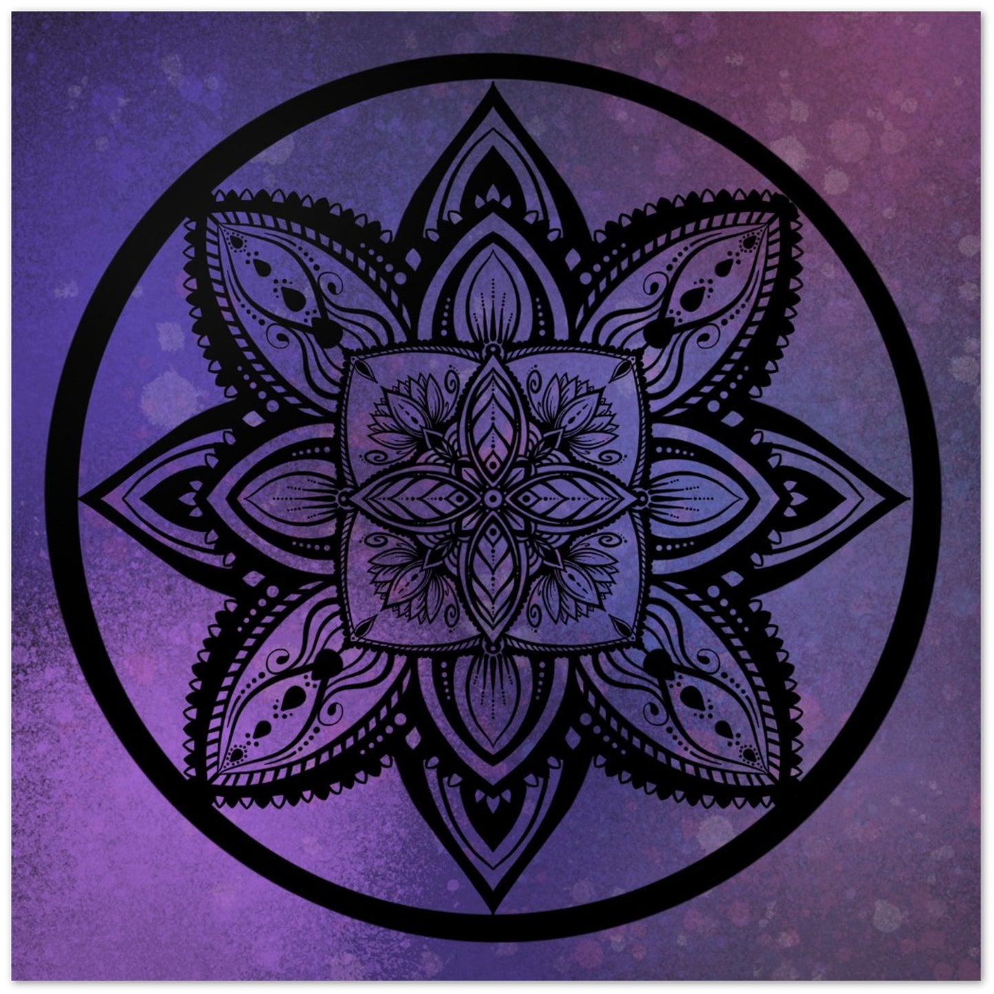 Black mandala design on a purple background