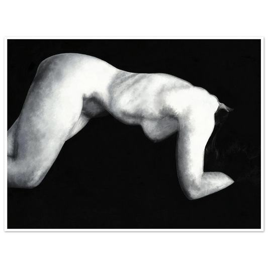 Black and white print of a reclining nude woman's figure on a pure black background