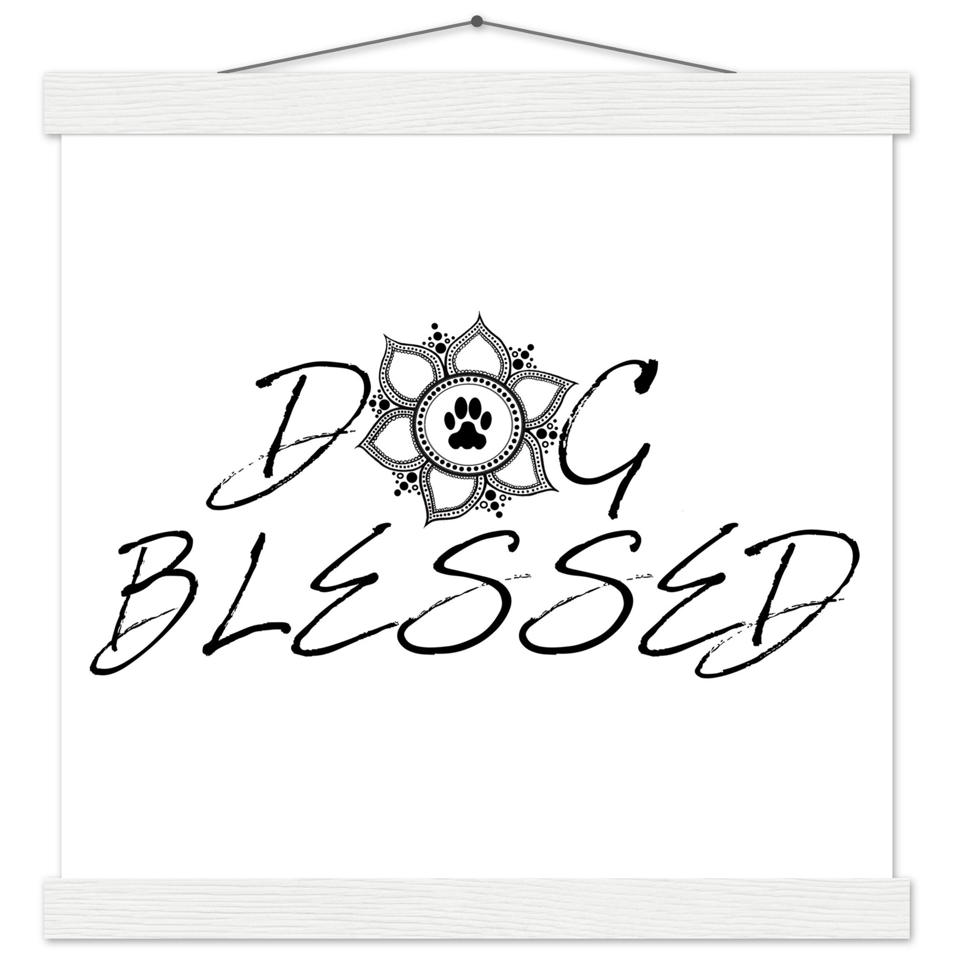 “Black and white ‘Dog Blessed’ typography design with a paw print centered inside a decorative mandala, displayed as a hanging wall sign with a white frame