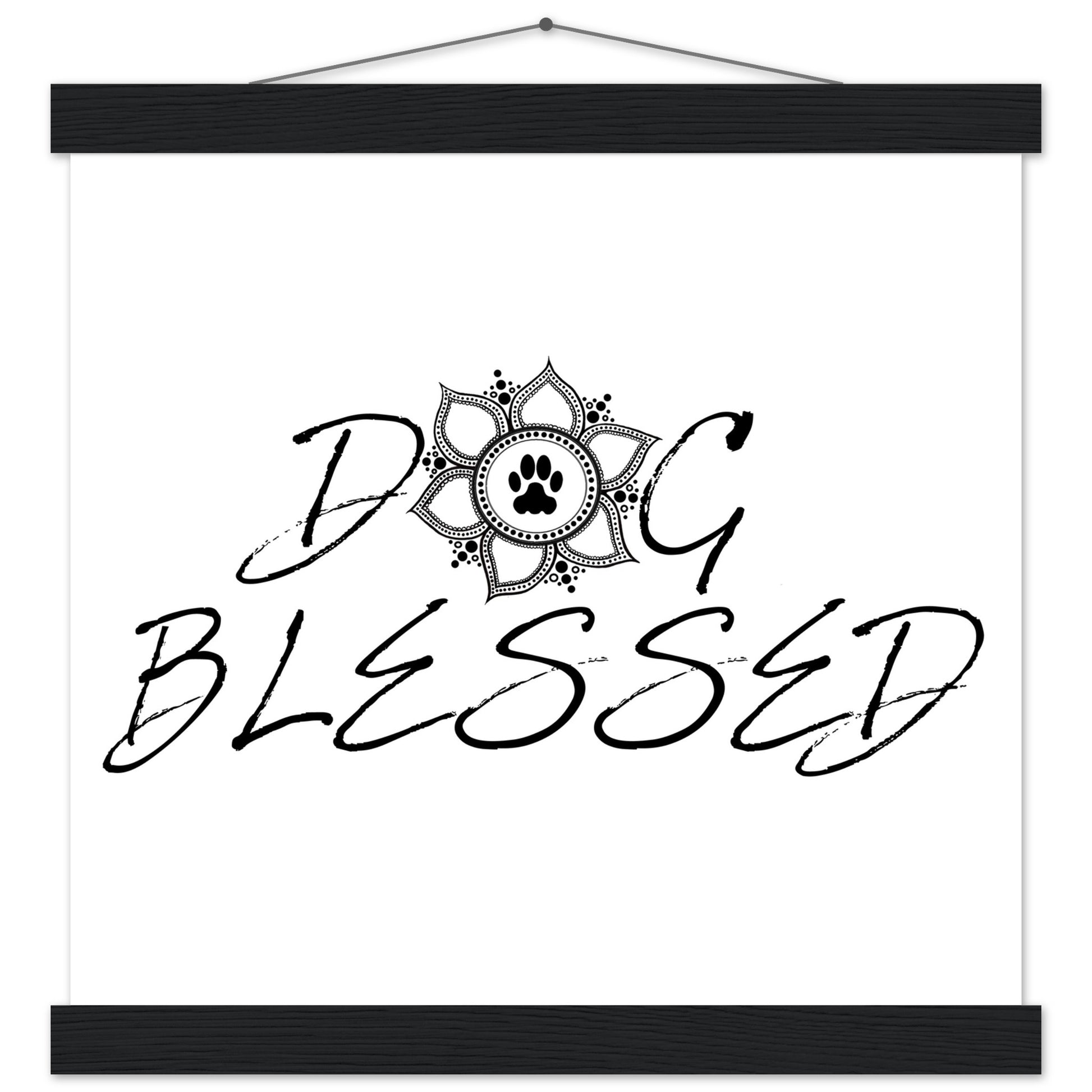 “Black and white ‘Dog Blessed’ typography design with a paw print centered inside a decorative mandala, displayed as a hanging wall sign with a black frame