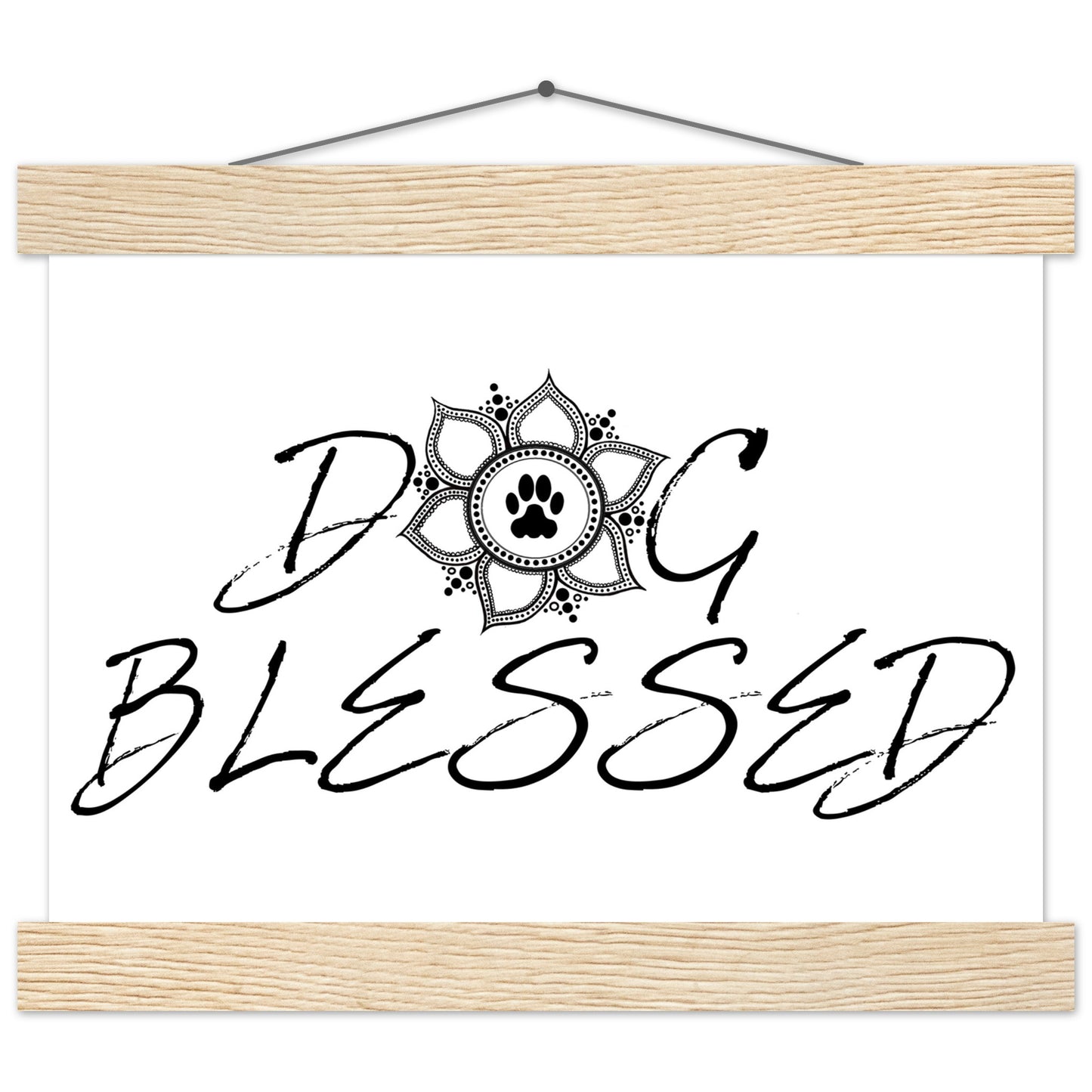 “Black and white ‘Dog Blessed’ typography design with a paw print centered inside a decorative mandala, displayed as a hanging wall sign with a Natural wood  frame