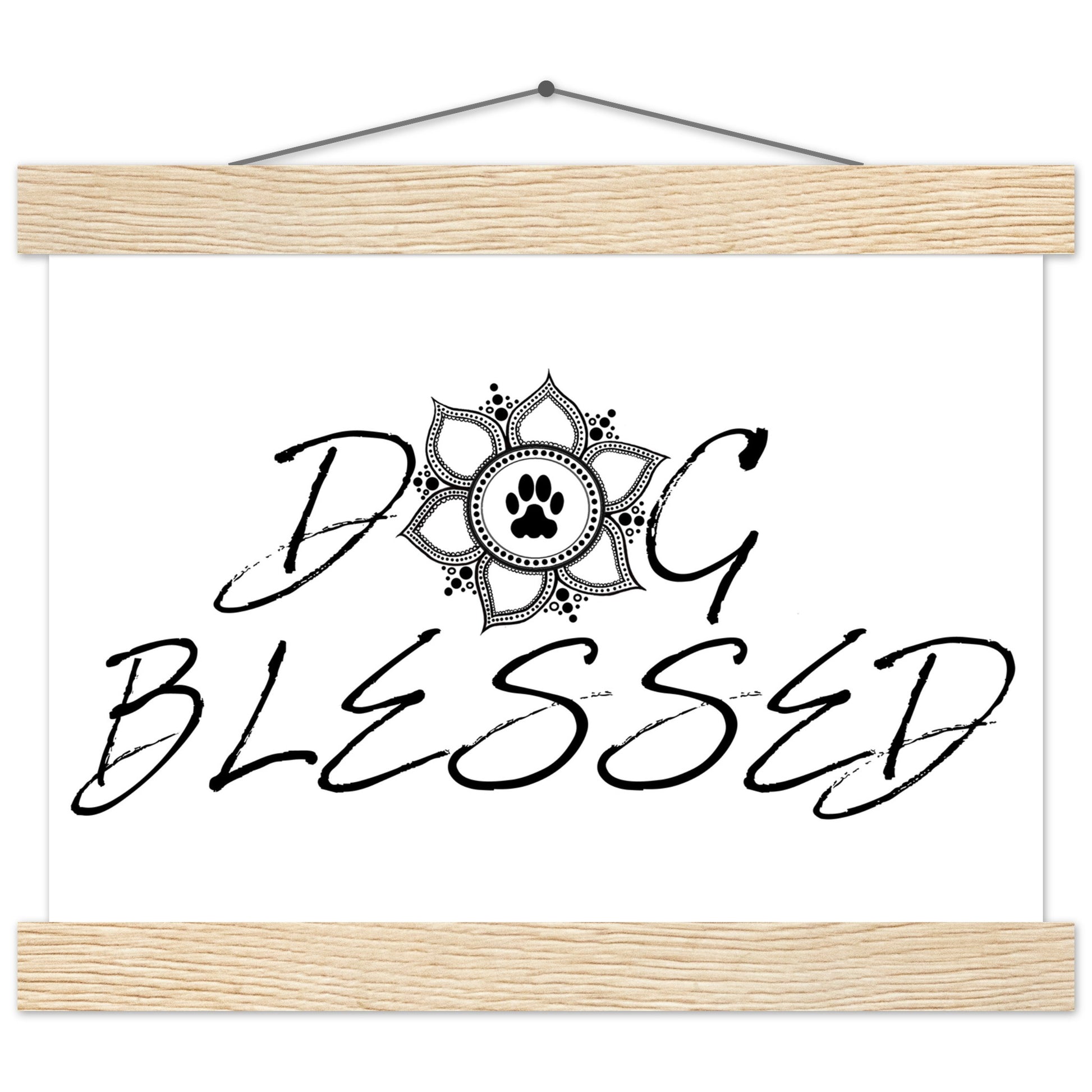 “Black and white ‘Dog Blessed’ typography design with a paw print centered inside a decorative mandala, displayed as a hanging wall sign with a Natural wood  frame
