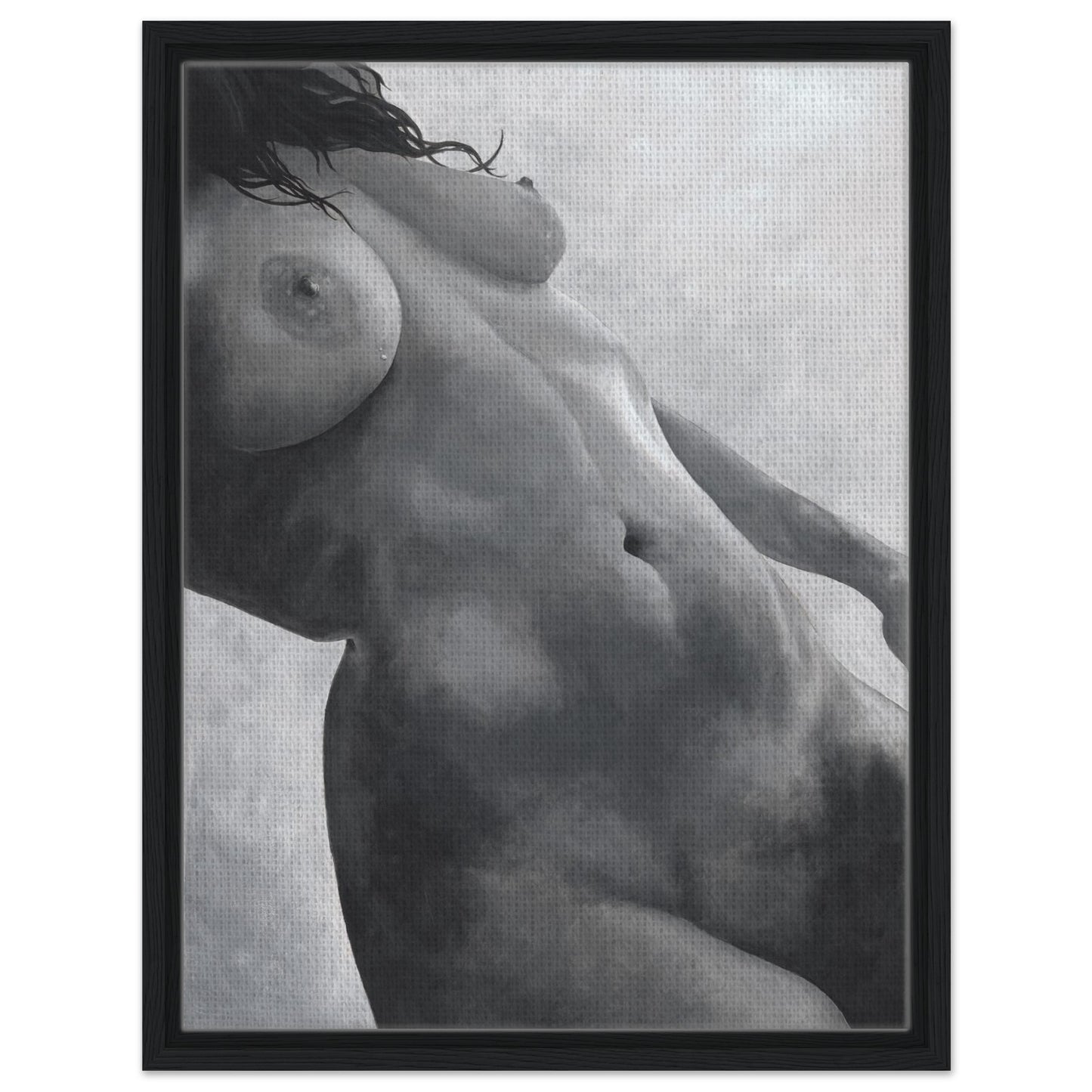 Framed black and white artwork of a nude figure on a textured background