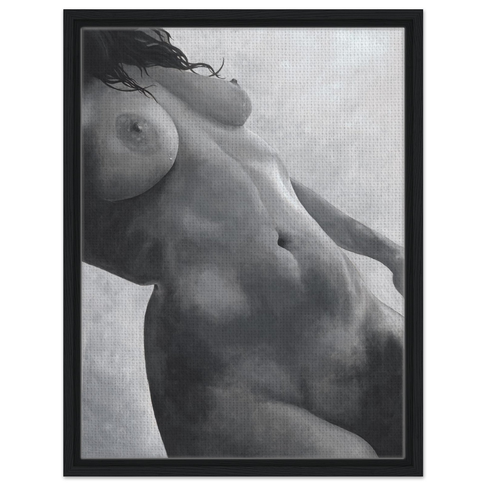 Framed black and white artwork of a nude figure on a textured background