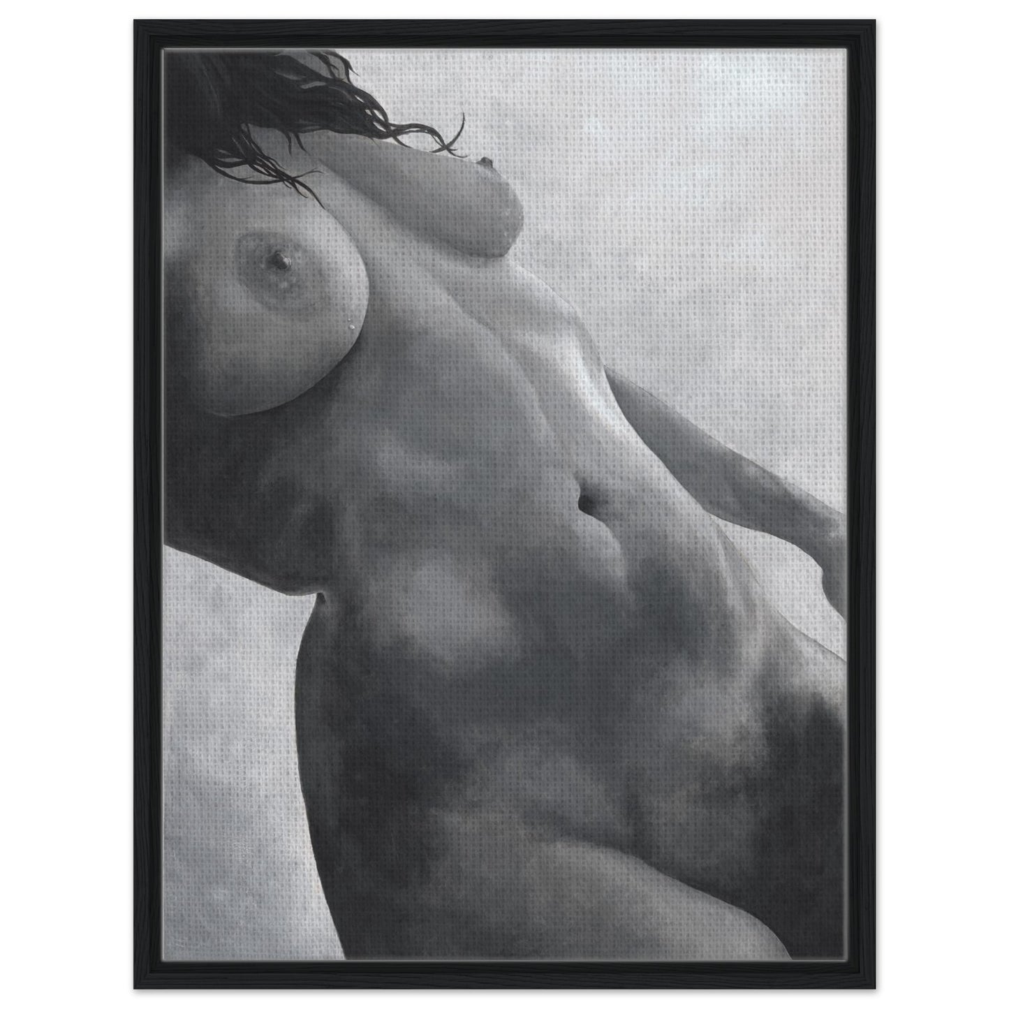 Framed black and white artwork of a nude figure against a neutral background