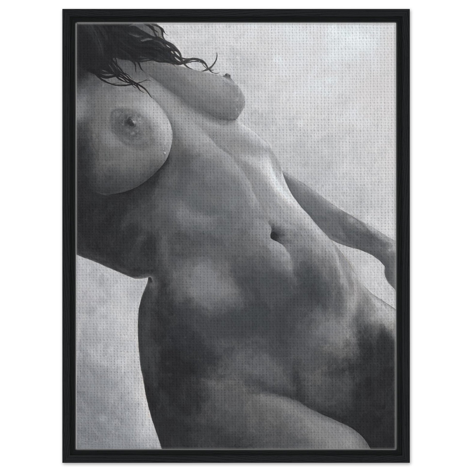 Framed black and white artwork of a nude figure against a neutral background