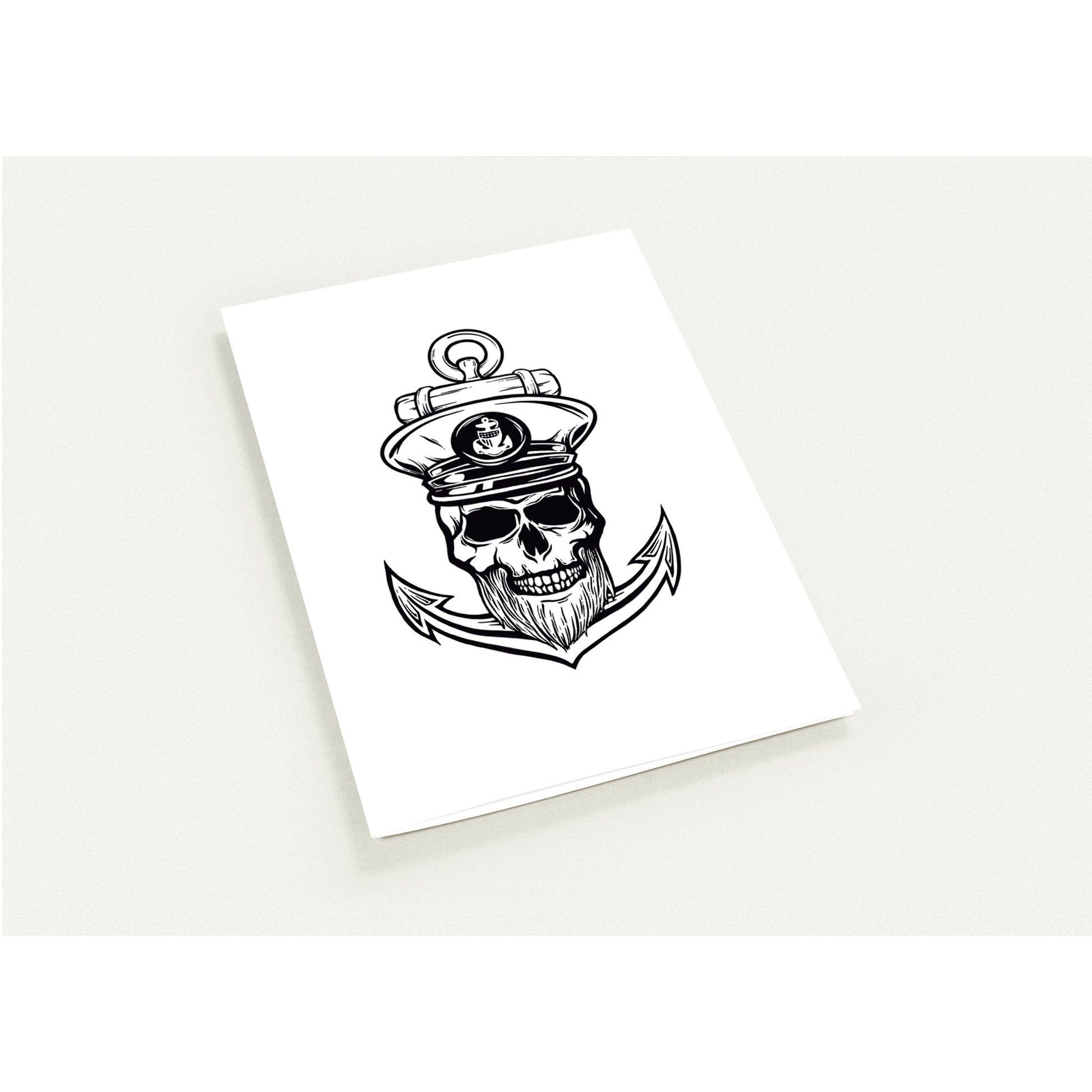 Black and white illustration of a skull with a beard and captain's hat on an anchor, on a white card.