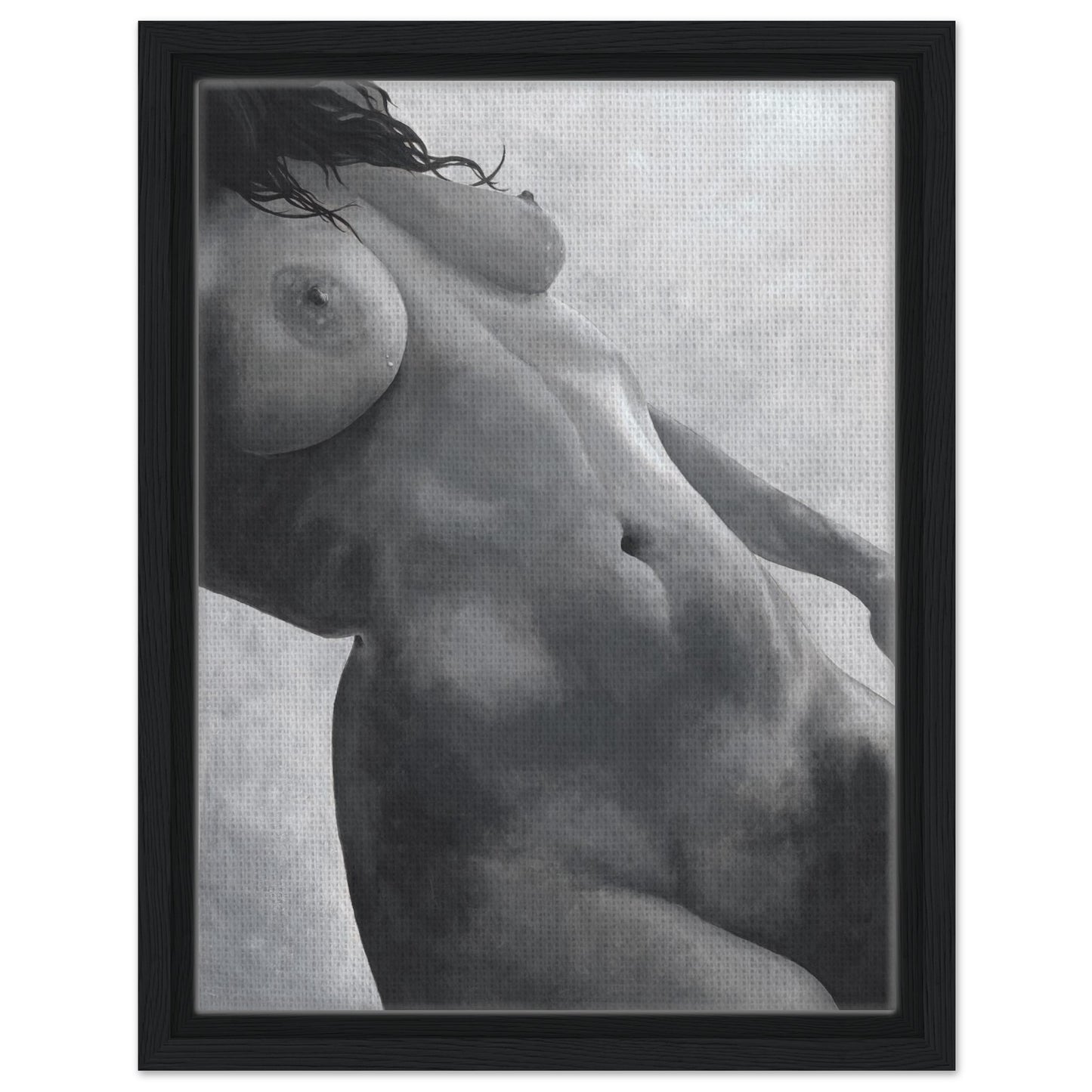 Framed black and white artwork of a nude figure on a textured background