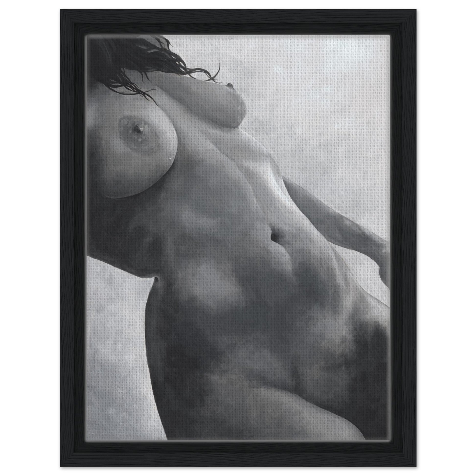 Framed black and white artwork of a nude figure on a textured background