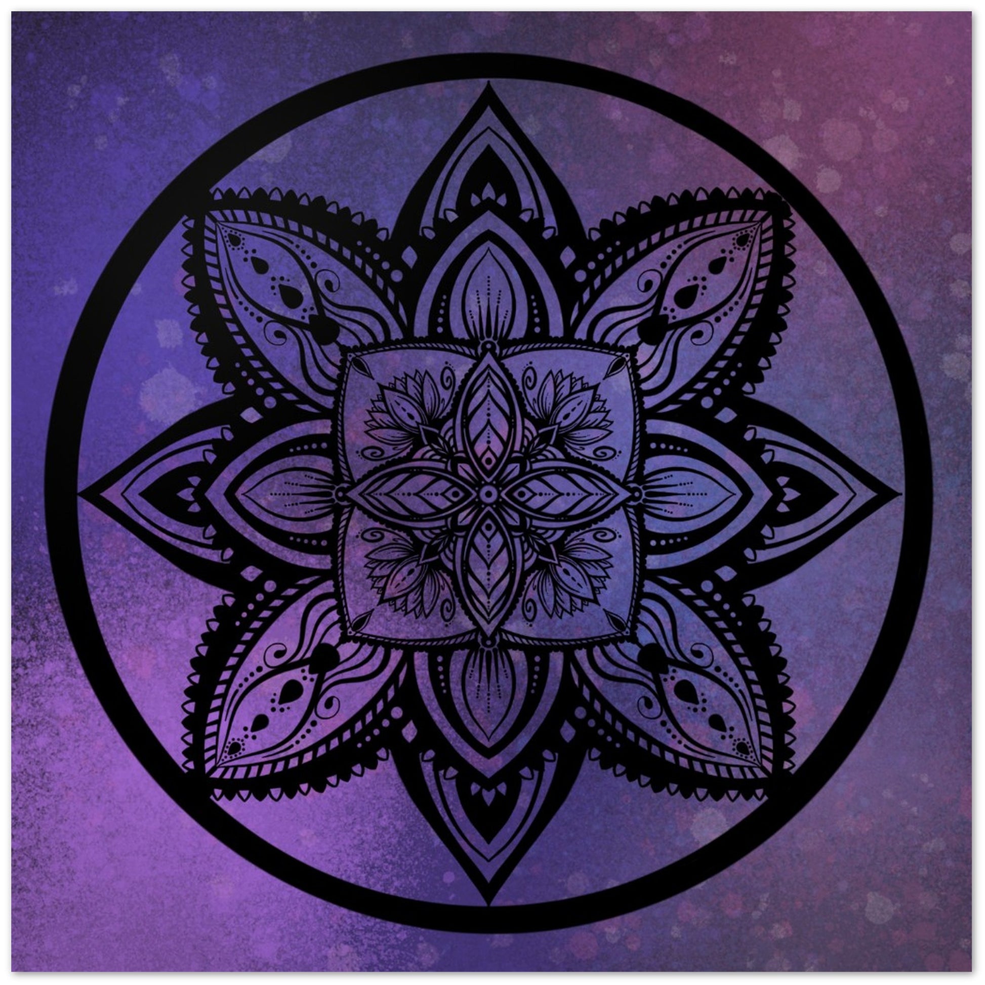 Black mandala design on a purple background