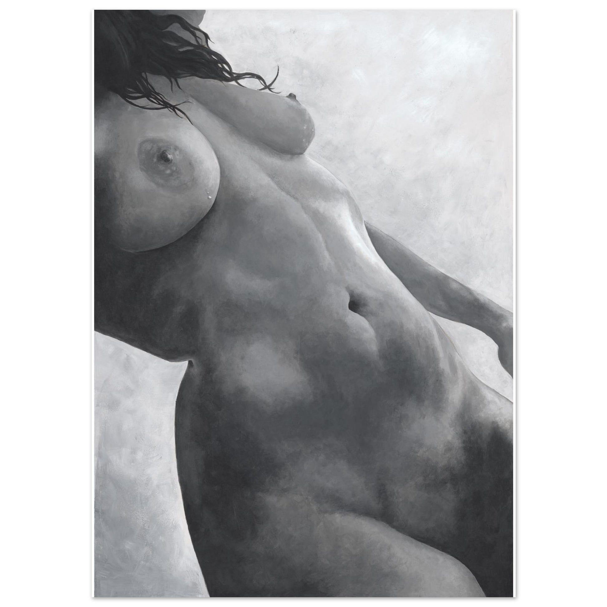 Black and white artistic depiction of a nude figure against a textured background