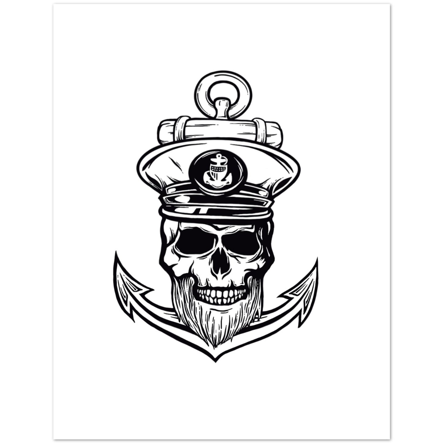 Black and white illustration of a skull with a captain's hat and anchor on a white background