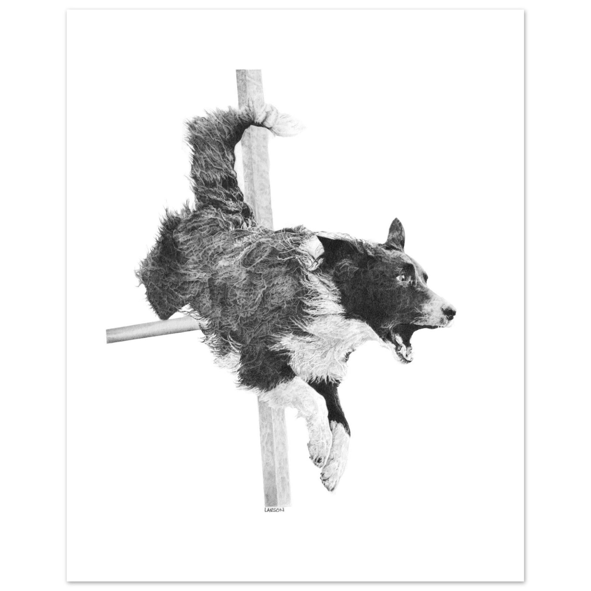 Black and white illustration of a dog jumping over an obstacle against a white background
