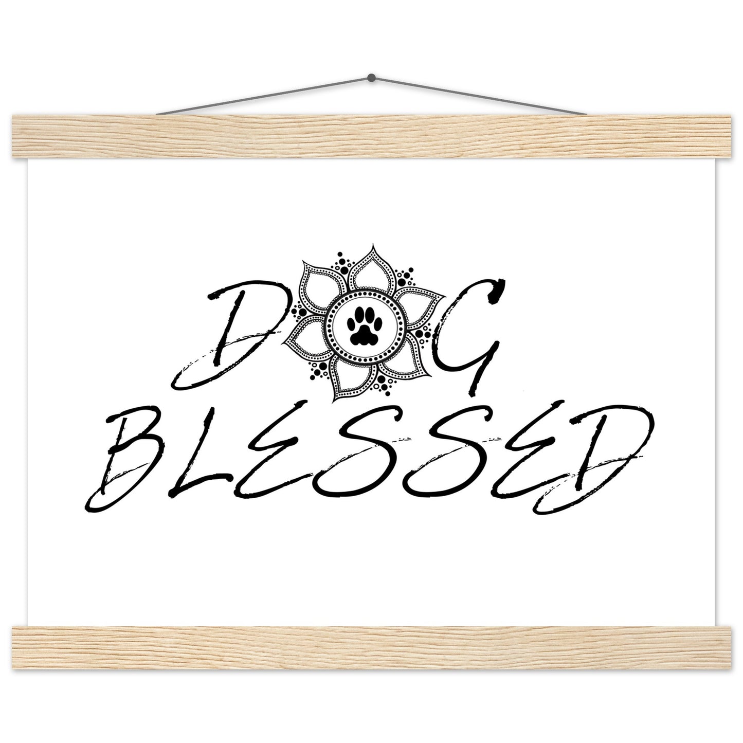 “Black and white ‘Dog Blessed’ typography design with a paw print centered inside a decorative mandala, displayed as a hanging wall sign with a white frame