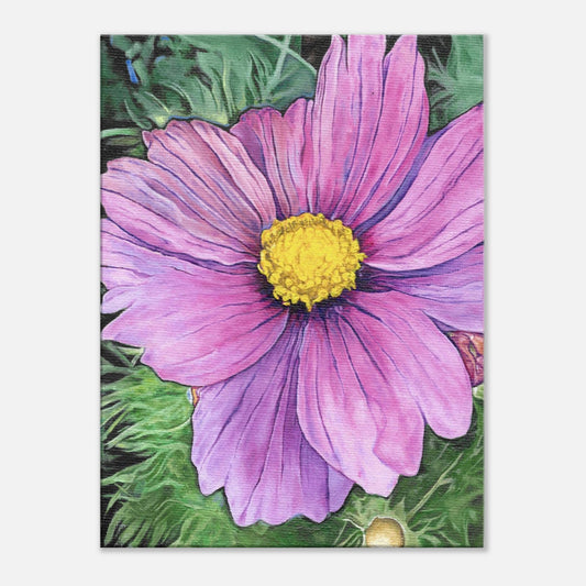 Painting of a pink flower with a yellow center on a green background