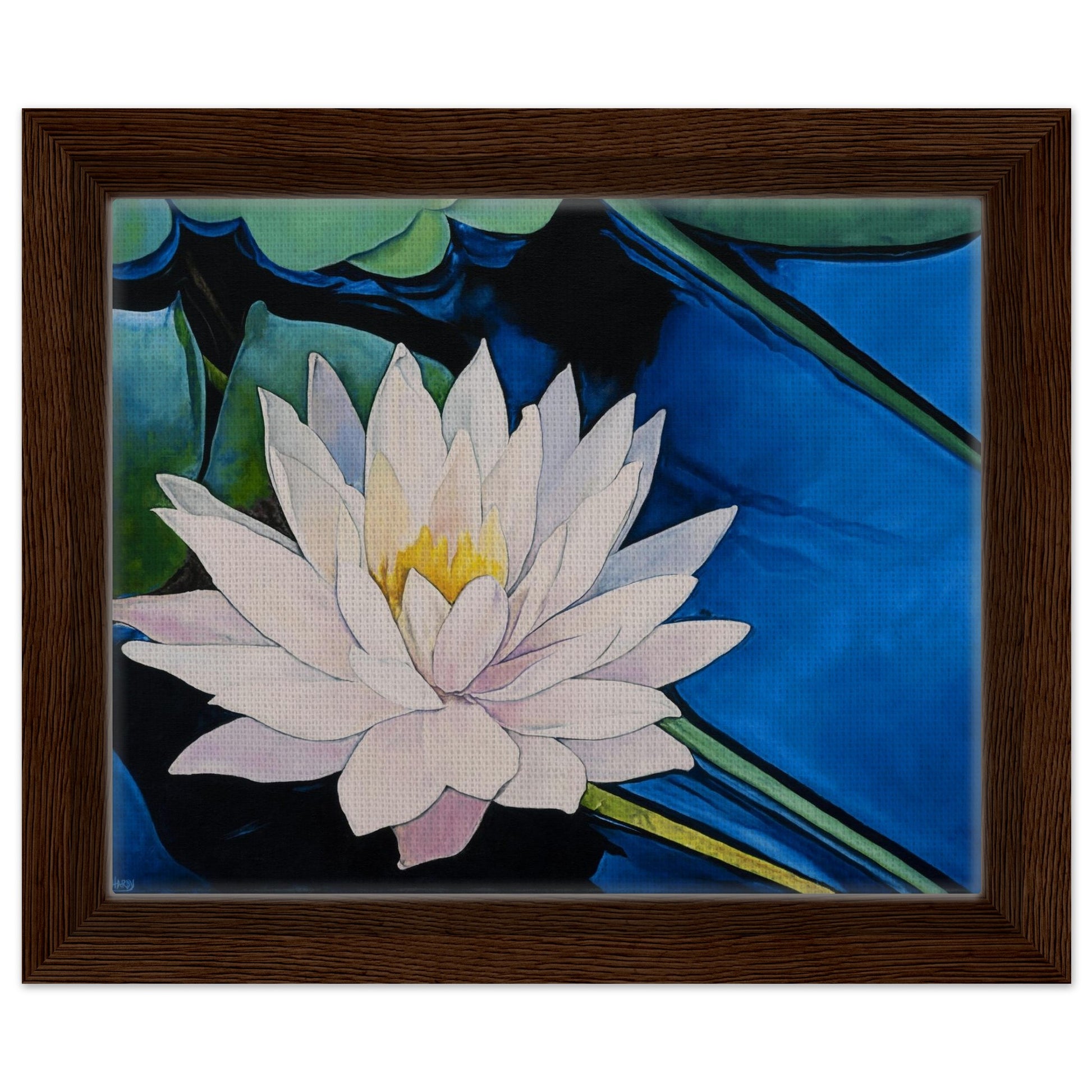 Framed artwork of a white water lily with a brown frame
