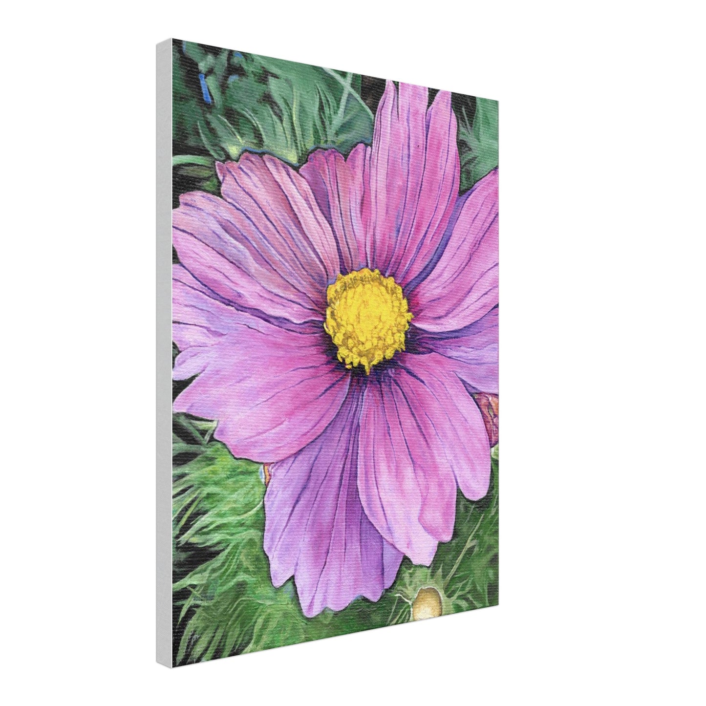 Canvas print of a pink flower with a yellow center on a white background