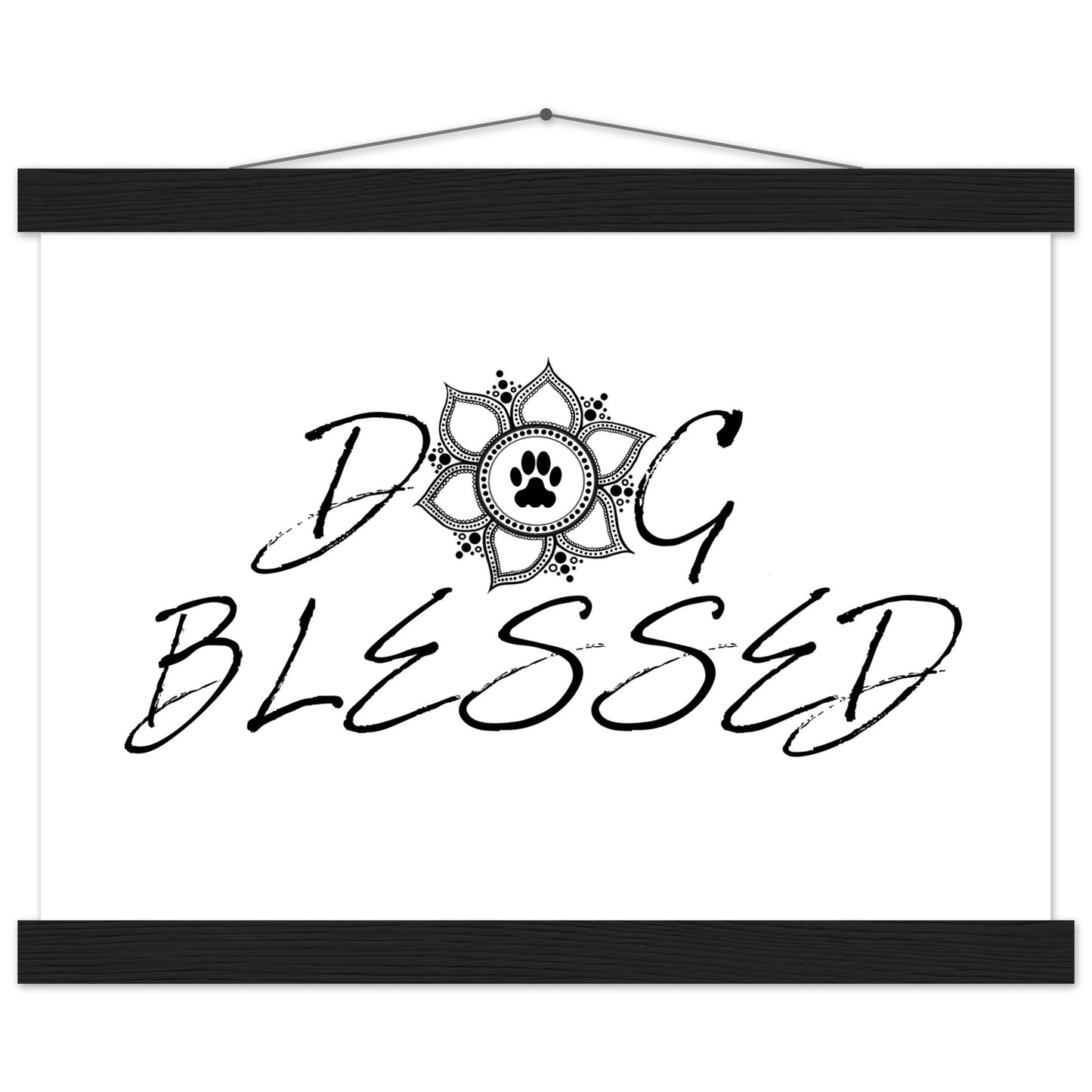 “Black and white ‘Dog Blessed’ typography design with a paw print centered inside a decorative mandala, displayed as a hanging wall sign with a brown frame