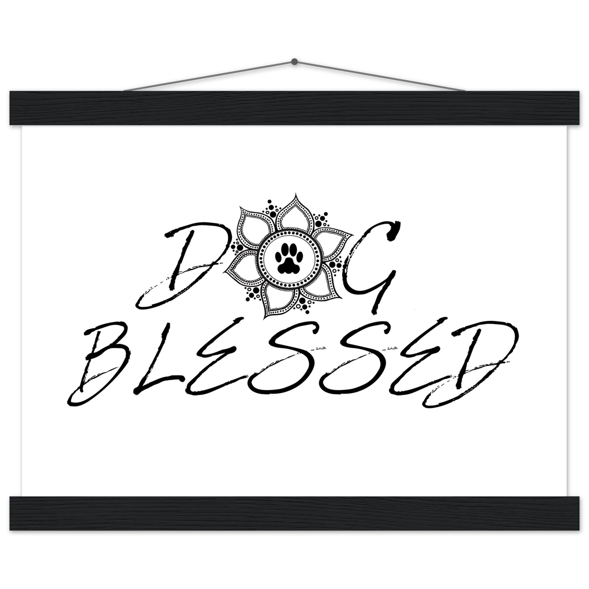 “Black and white ‘Dog Blessed’ typography design with a paw print centered inside a decorative mandala, displayed as a hanging wall sign with a brown frame