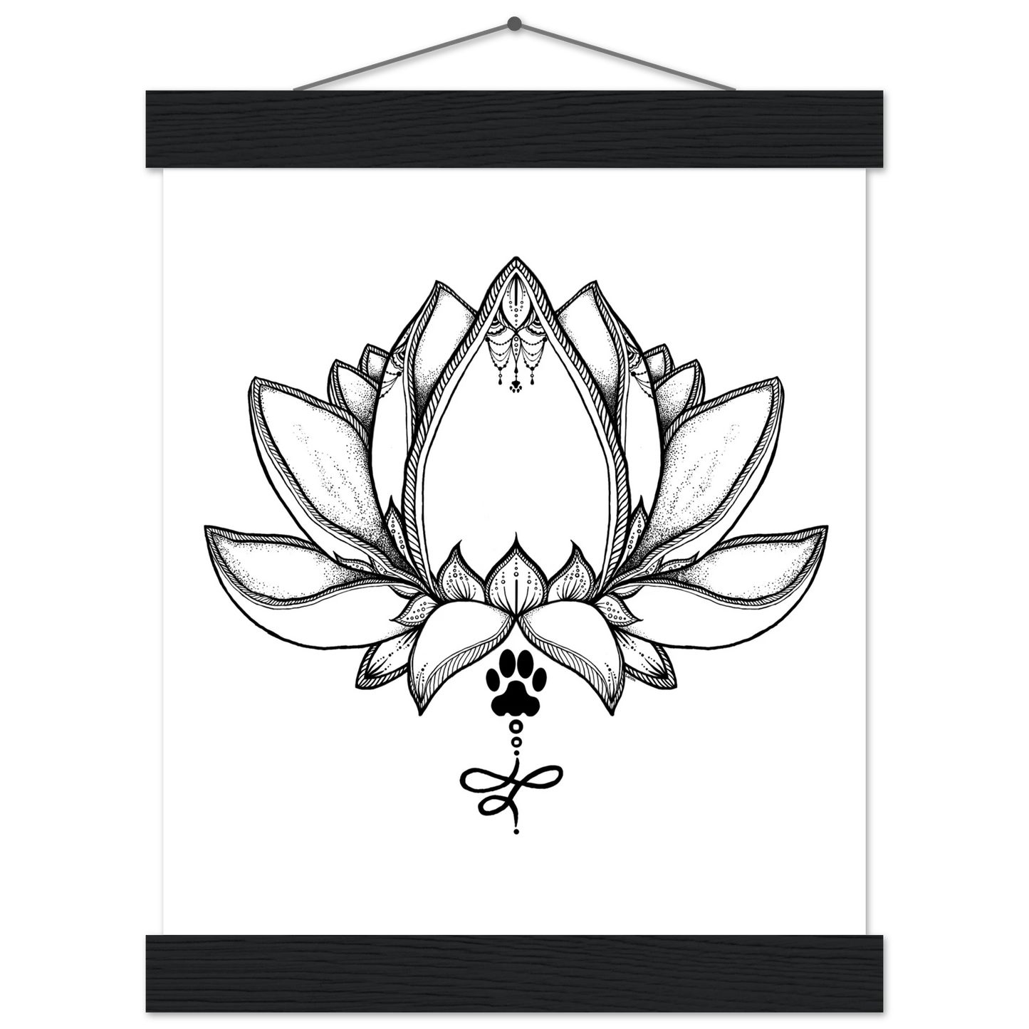 Black and white lotus flower with mandala details with a dog paw in the stem design framed by a dark top and bottom poster frame on a white background