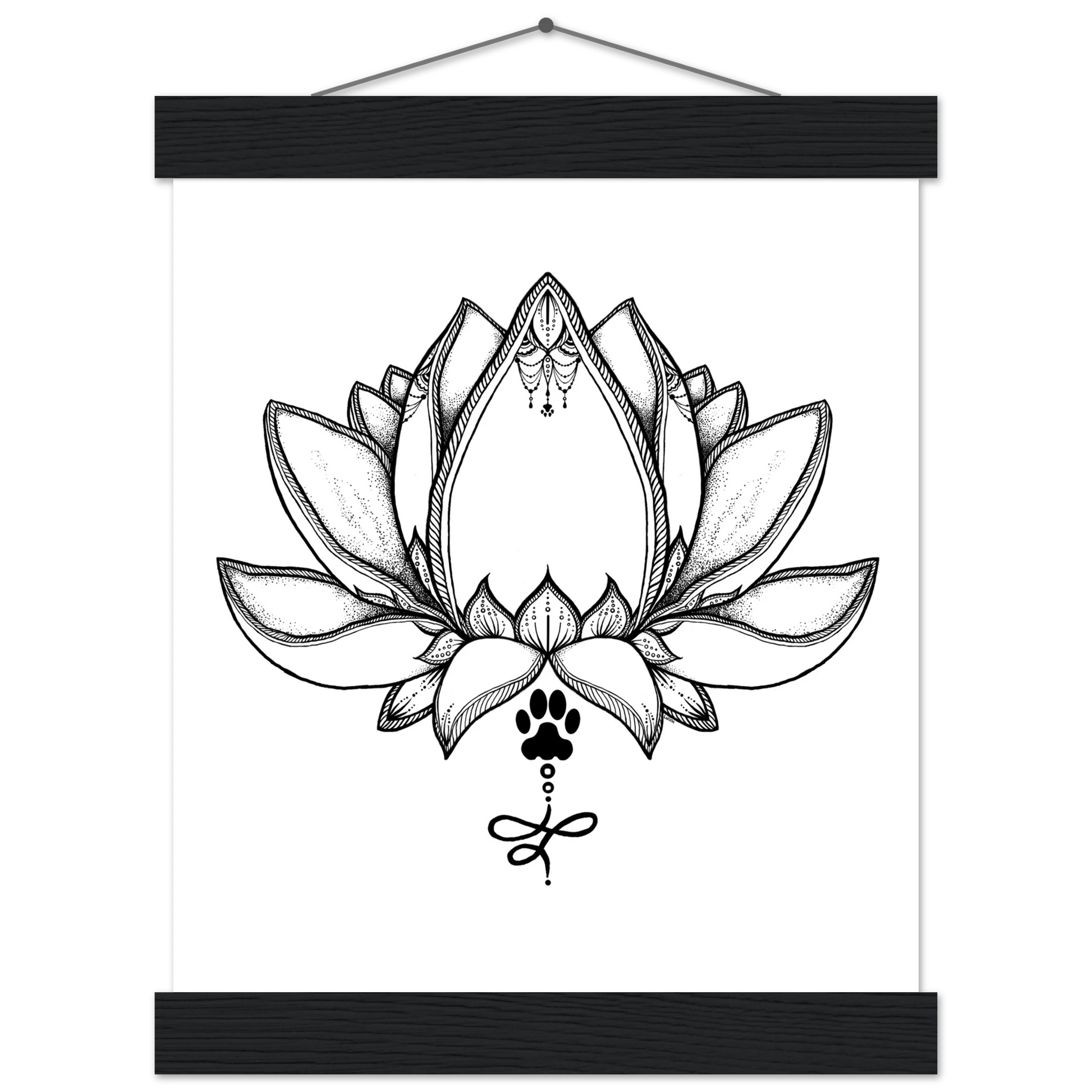 Black and white lotus flower with mandala details with a dog paw in the stem design framed by a dark top and bottom poster frame on a white background