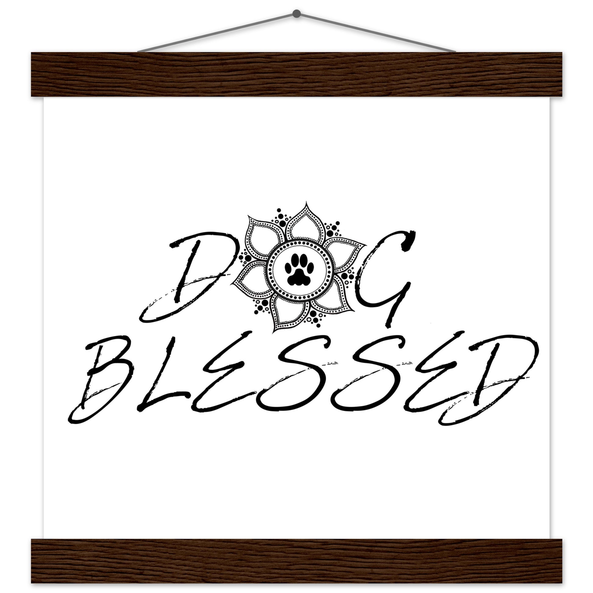“Black and white ‘Dog Blessed’ typography design with a paw print centered inside a decorative mandala, displayed as a hanging wall sign with a Brown frame