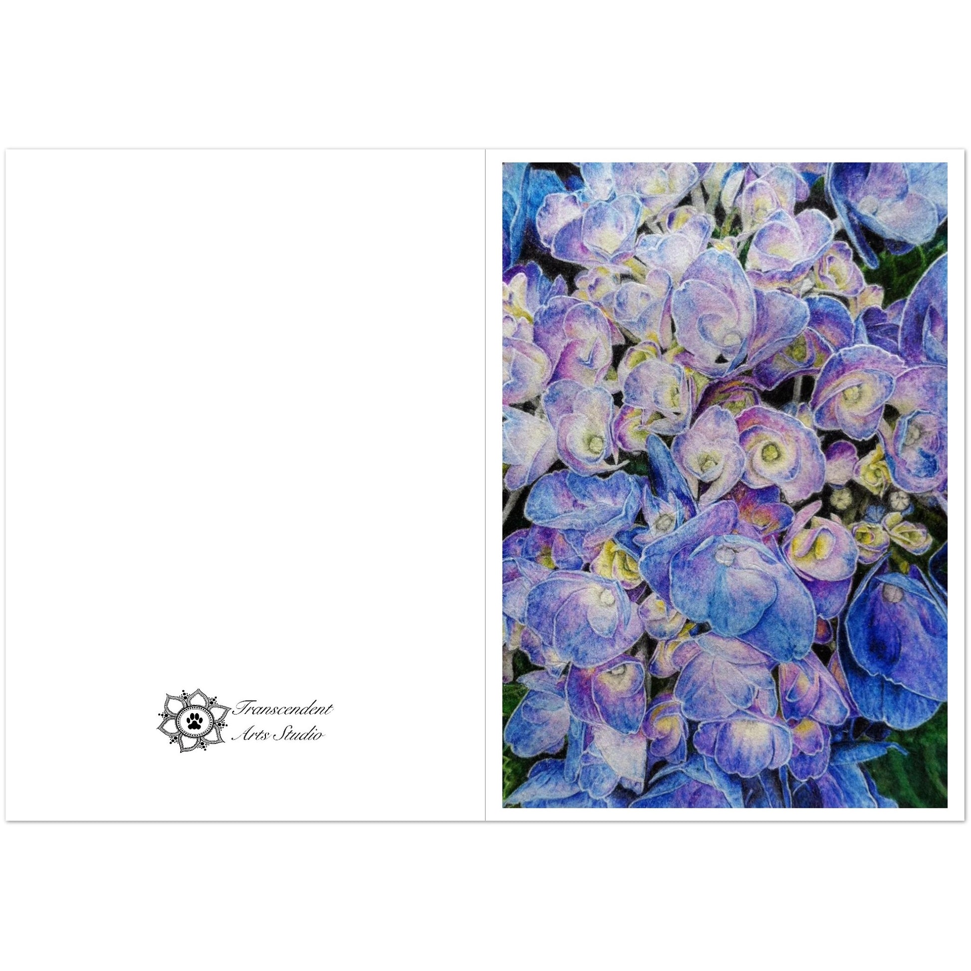 an open note card with blue and purple flowers with 'Transcendent Arts Studio' logo.