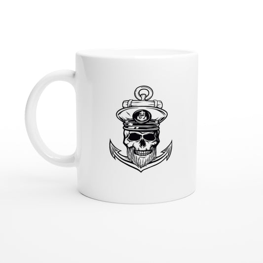 White mug with a a Black and white illustration of a skull with a captain's hat, a beard, with an anchor behind it 
