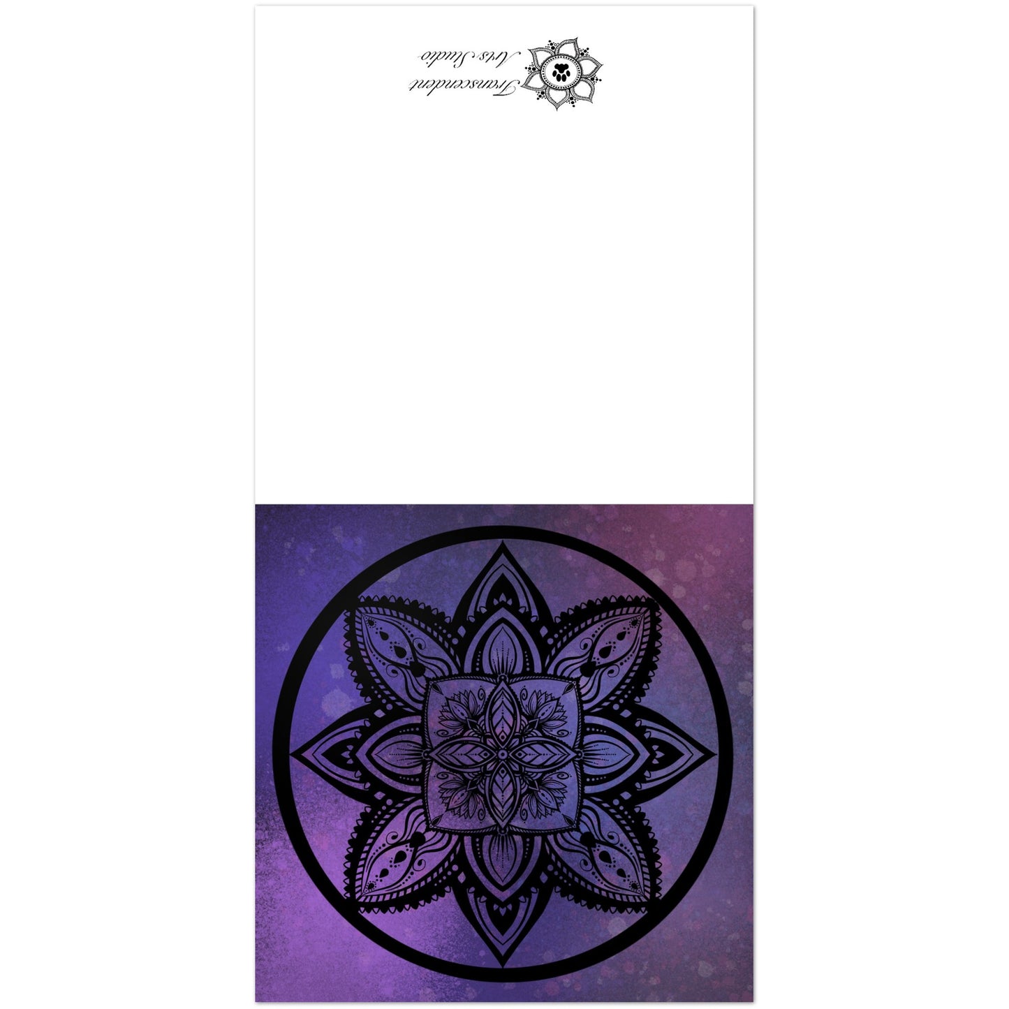 an open note card showing a Mandala design on a purple background with a white border and the branding "Transcendent Arts Studio"