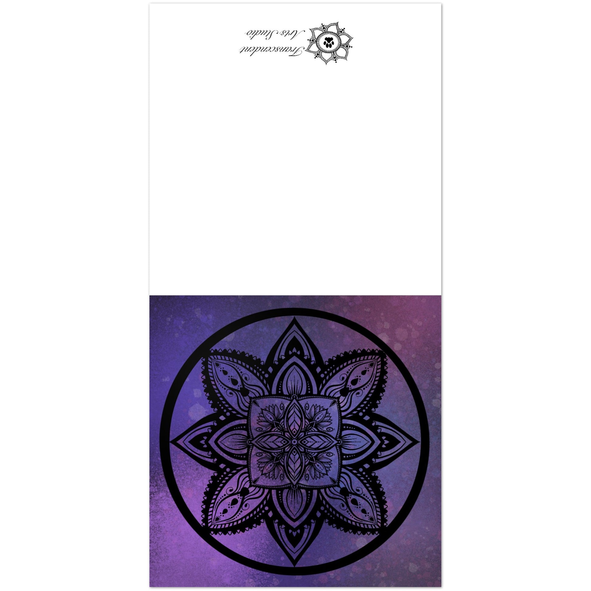 an open note card showing a Mandala design on a purple background with a white border and the branding "Transcendent Arts Studio"