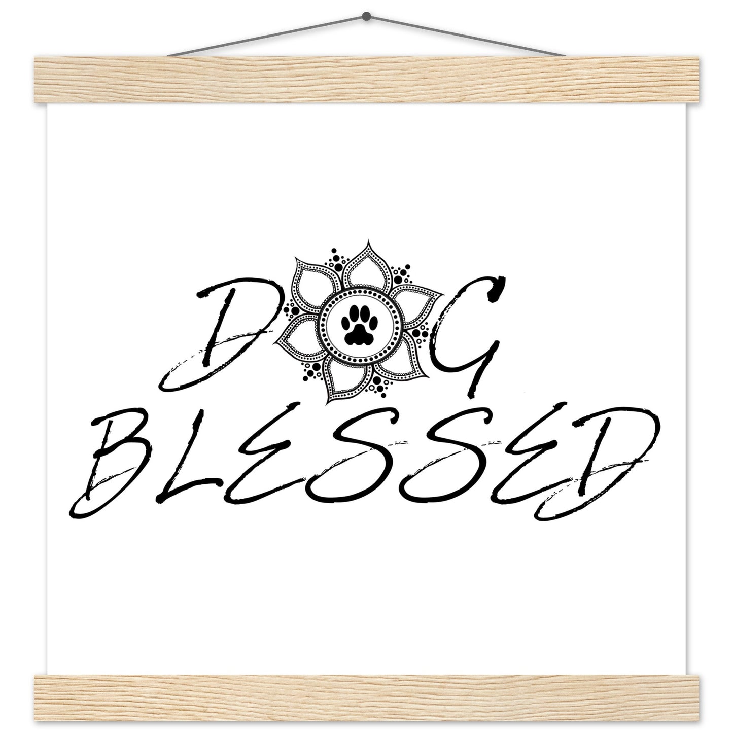“Black and white ‘Dog Blessed’ typography design with a paw print centered inside a decorative mandala, displayed as a hanging wall sign with a natural frame