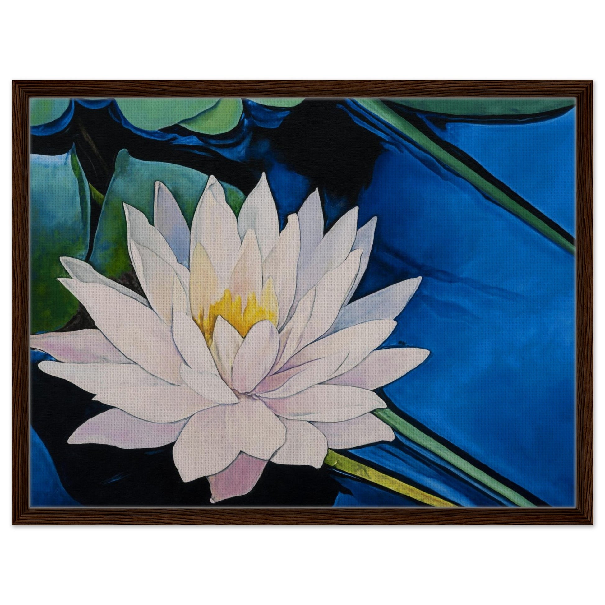 Framed artwork of a water lily with a blue background