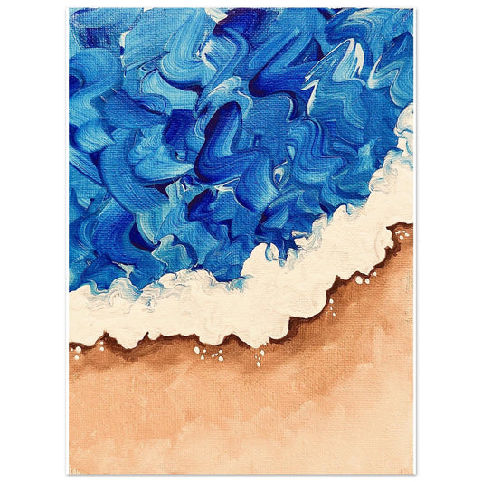 Abstract artwork with blue and beige colors on a white background