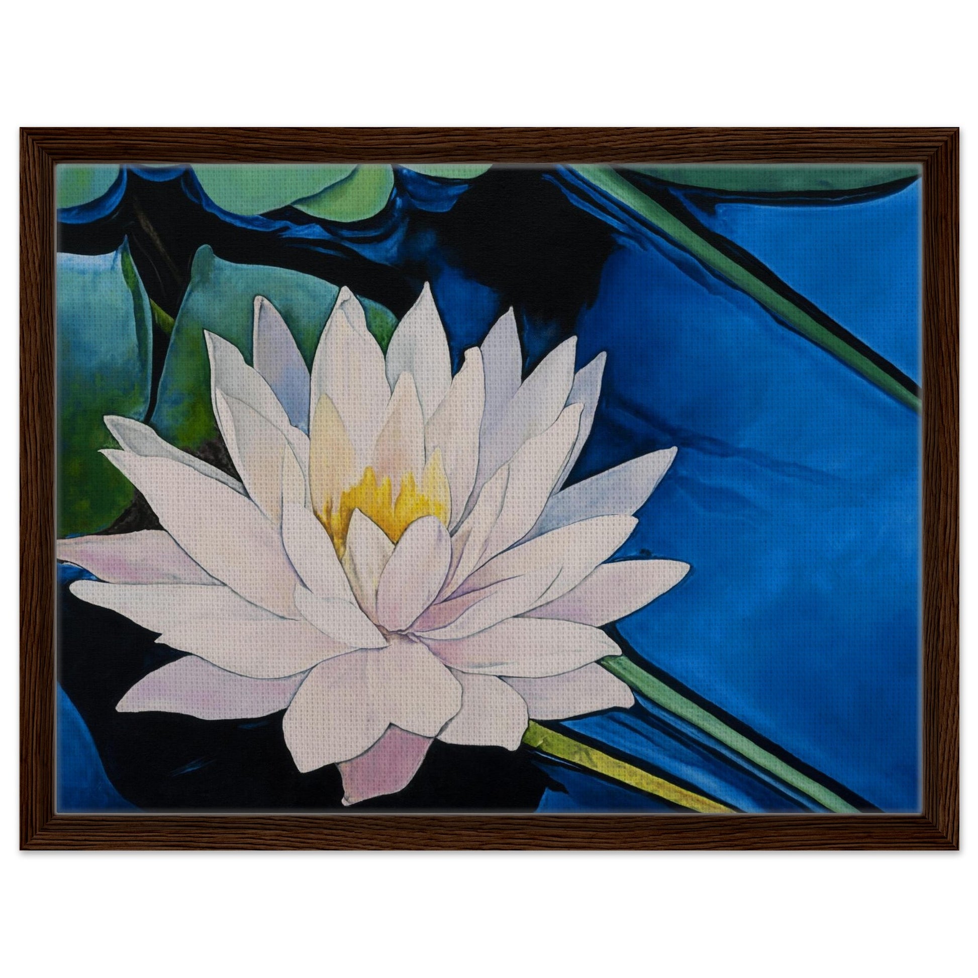 Framed artwork of a water lily with a blue background
