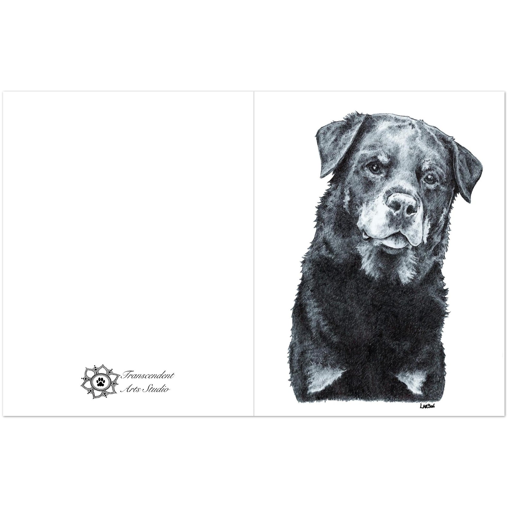 Black and white drawing of a dog on a white background with 'Transcendent Art Studio' logo.