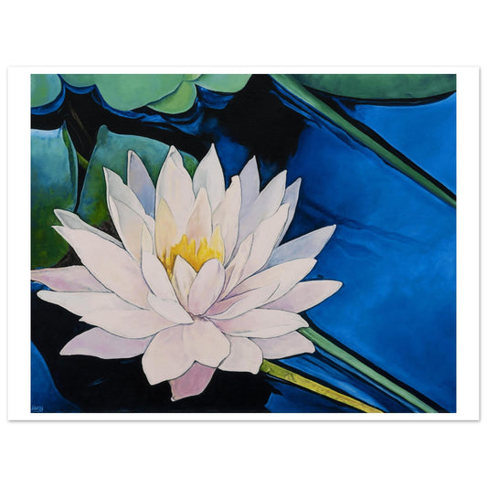 Painting of a water lily with a blue background
