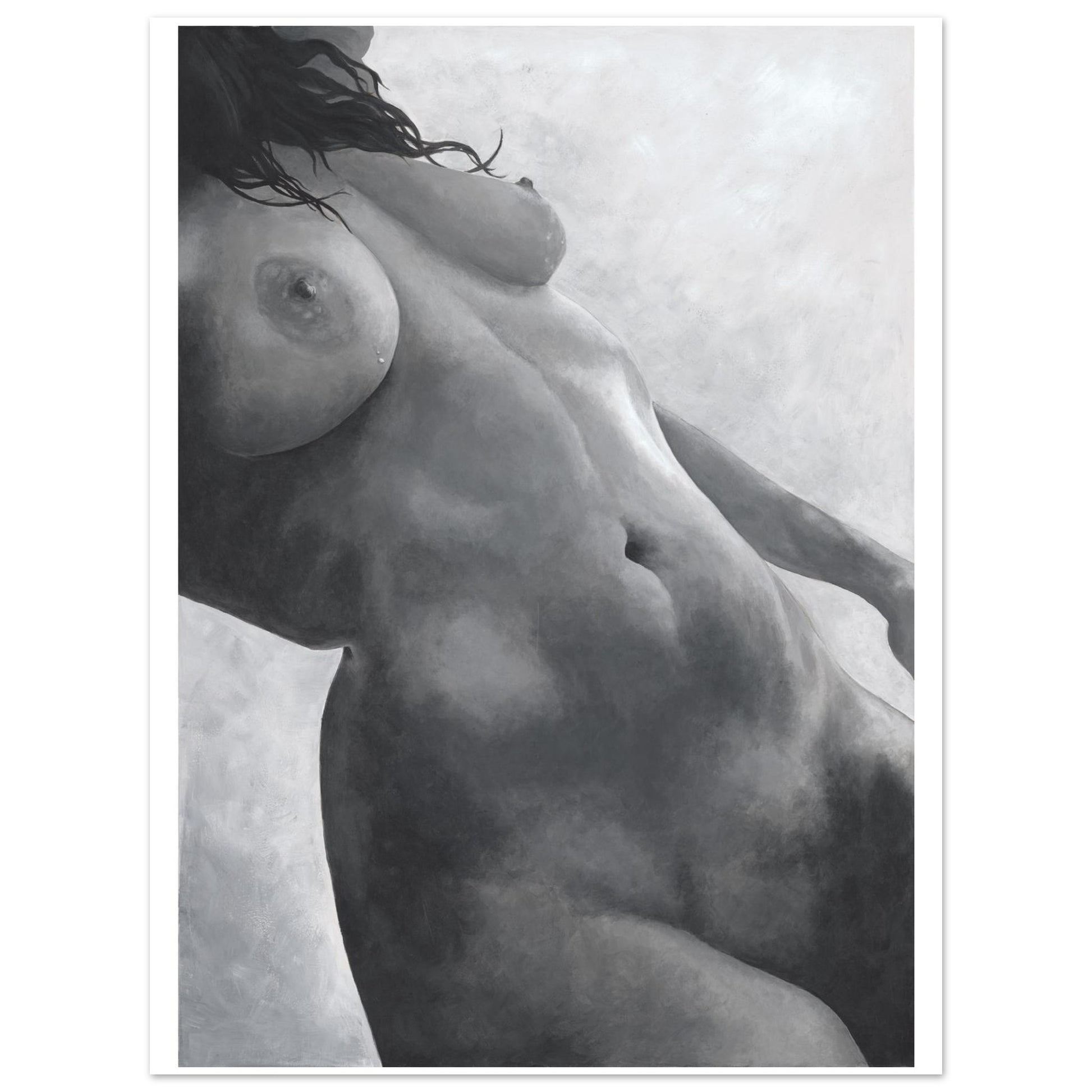 Black and white artistic depiction of a nude figure on a textured background