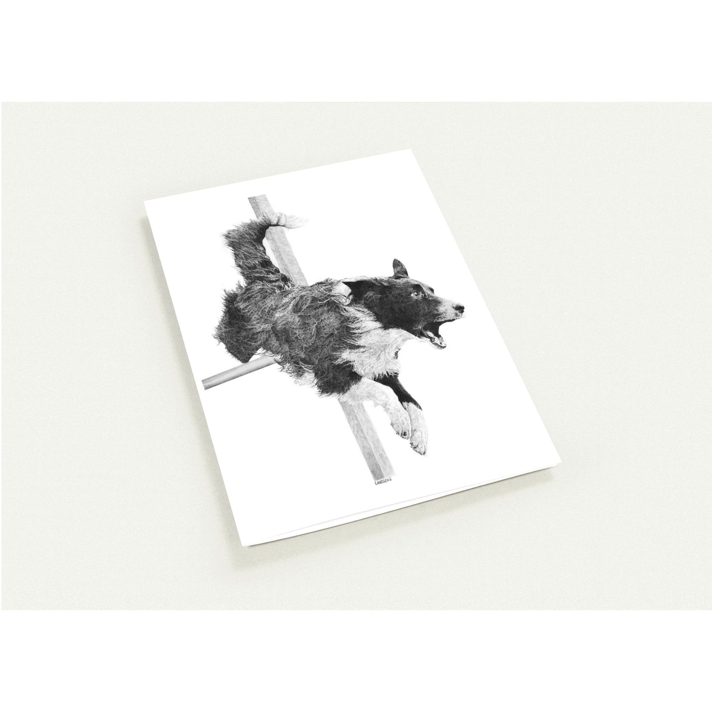 Black and white illustration of a dog on a white card